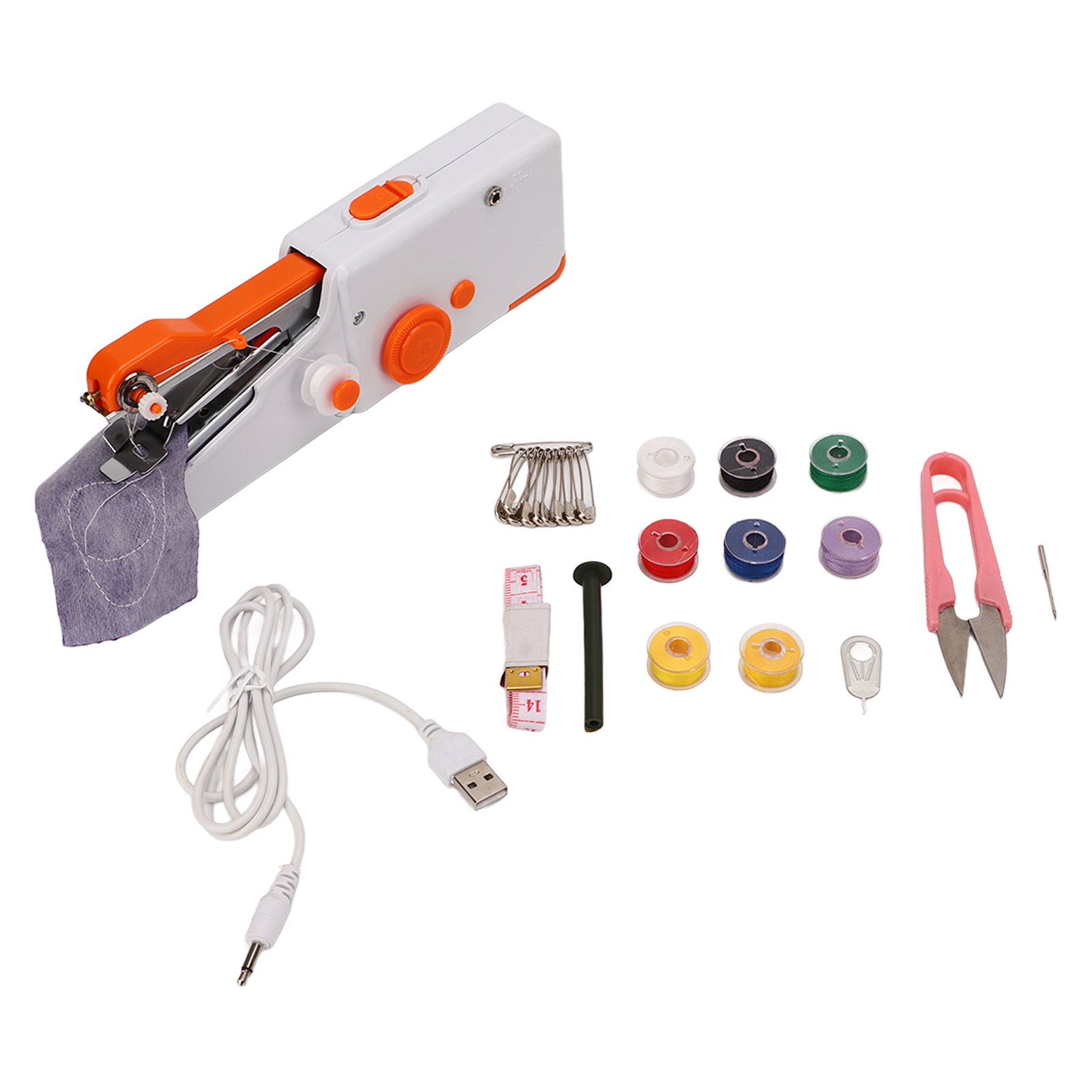Orangefarbene, Tragbare Mini-elektro-handnähmaschine Mit Ergonomischem Griff, Ideal Für Reisen Und Familie.