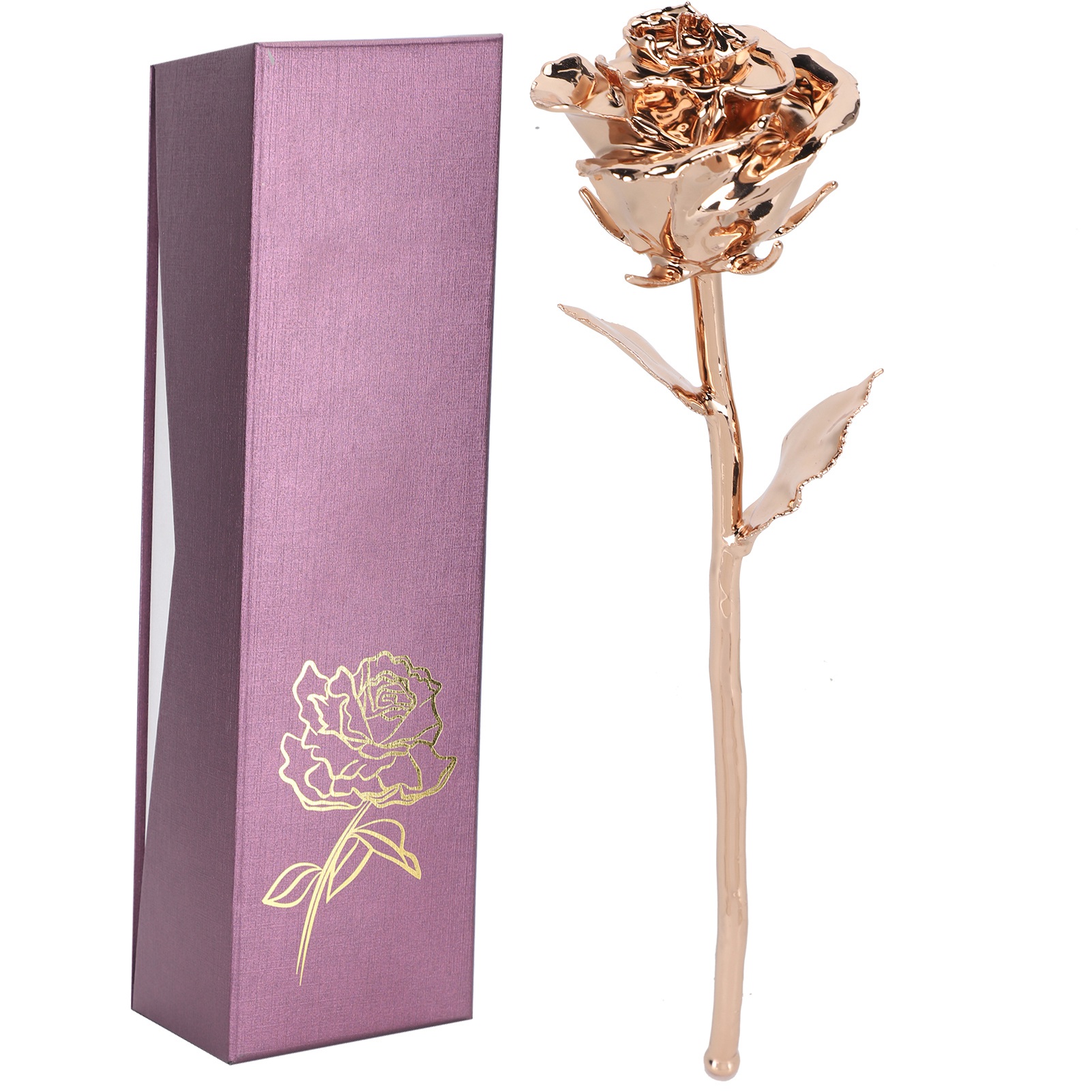 Langstielige Rose Als Geschenk, Künstliche Blume Aus 24-karätigem Echtgold Mit Blatt, Handgefertigte Kollektion, Roségold