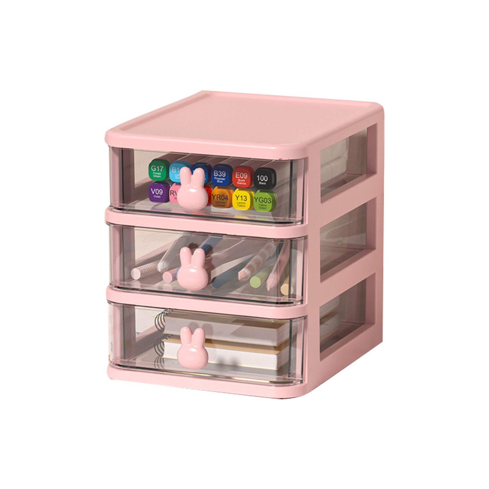 3-stöckige, Transparente Aufbewahrungsbox Aus Kunststoff Mit Großem Fassungsvermögen Und Hasengriff, Schubladenorganizer Für Bücher, Stifte Und Schreibtischutensilien, Rosa, 3 Ebenen (13,4 X 17 X 16 C