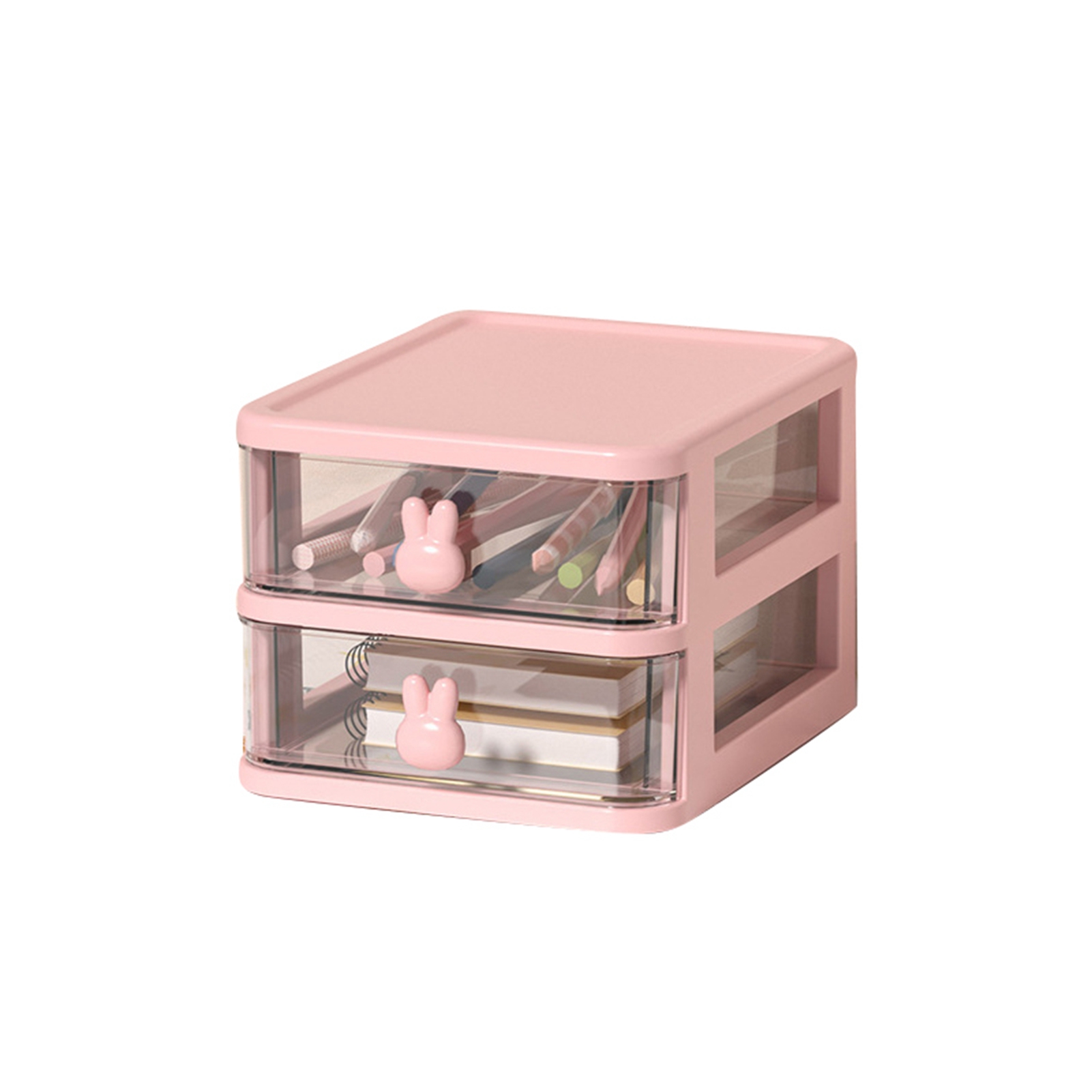 Große, Zweistöckige, Transparente Schreibtisch-aufbewahrungsbox Aus Kunststoff Mit Hasengriff, Schubladenorganizer Für Bücher, Stifte, Bürobedarf, Rosa (13,4 X 17 X 11 Cm)