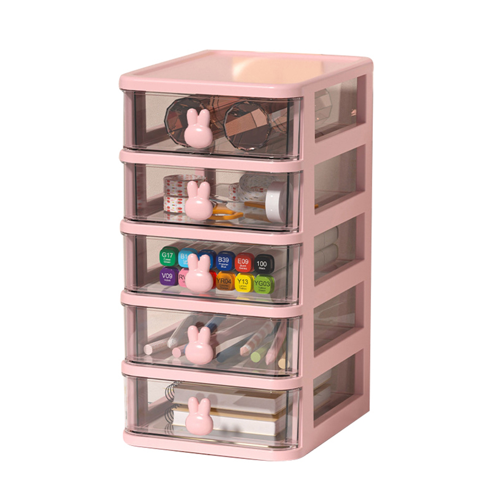 Transparenter Schreibtisch-organizer Aus Kunststoff Mit 5 Schubladen, Hasengriff, Großem Fassungsvermögen, Kleine Schubladen Für Bücher, Stifte Und Bürobedarf, Rosa, 13,4 X 17 X 26 Cm