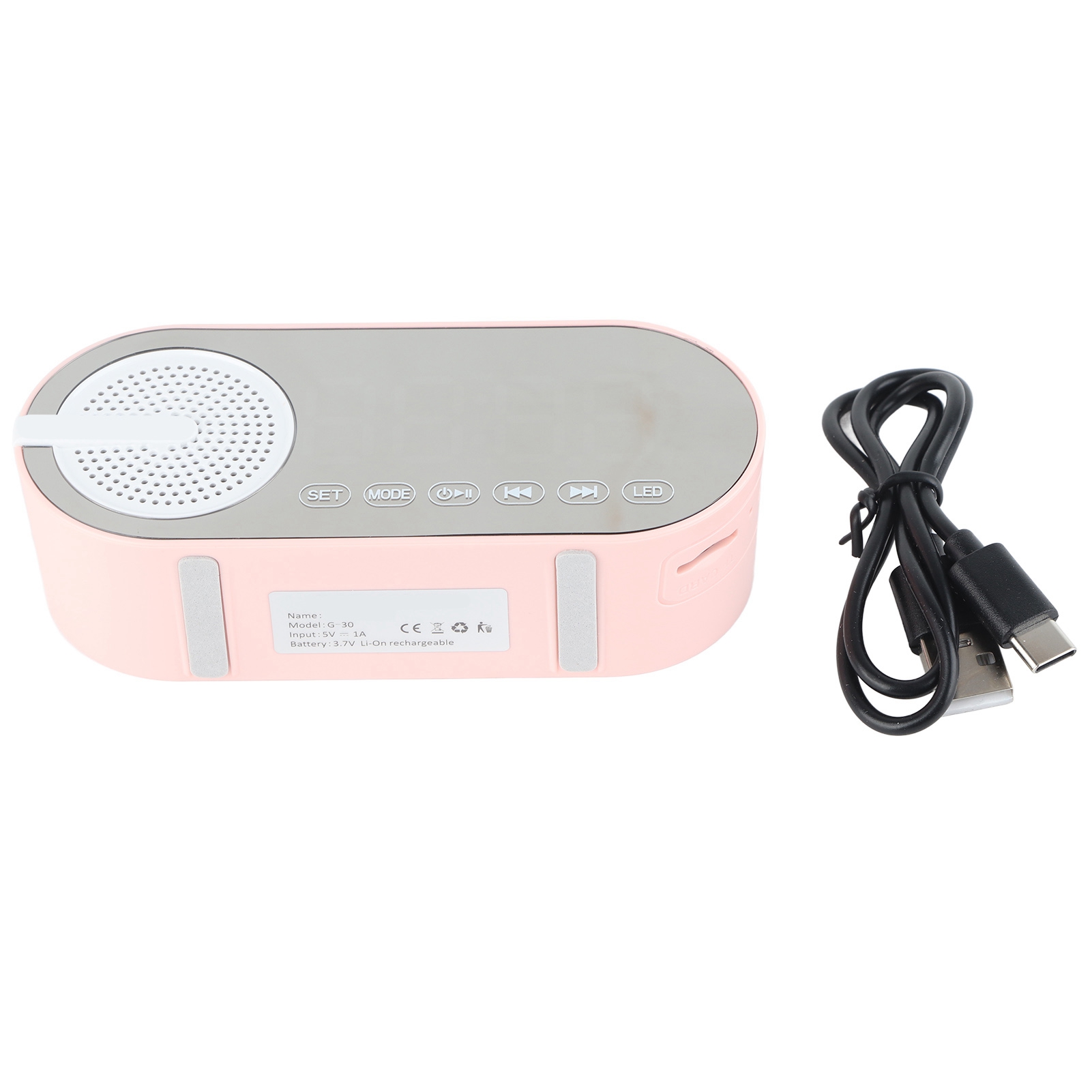 Digitaler Bluetooth-wecker (5.0) Mit Spiegel, Lautsprecher, Kräftigem Bass, Fm-radio, Wiederaufladbar, Farbigem Licht, Pink