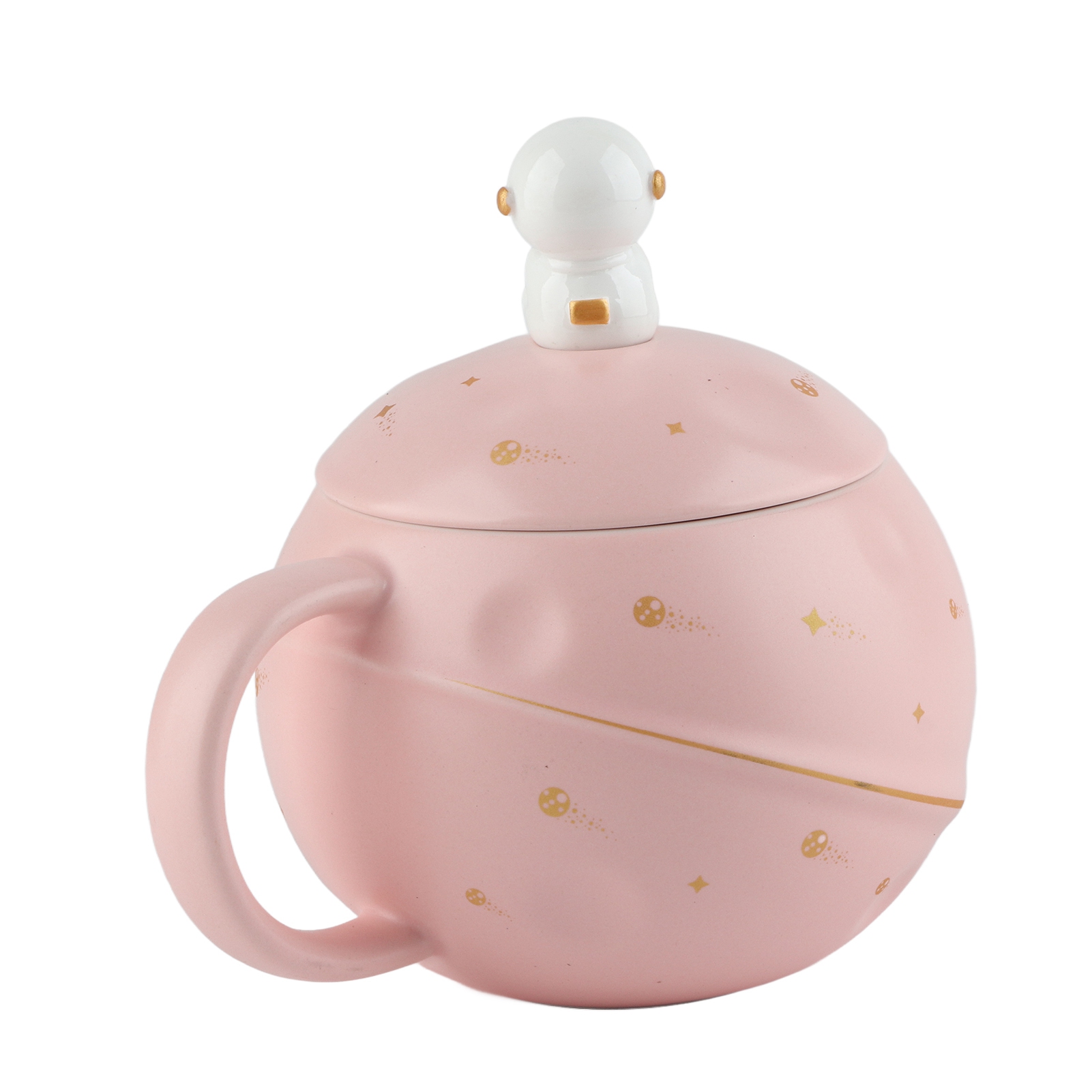 Astronautenbecher 400 Ml, Niedlicher, Origineller Keramikbecher Mit Ergonomischem Griff, Deckel Und Löffel, Für Kaffee, Tee Oder Milch, Rosa