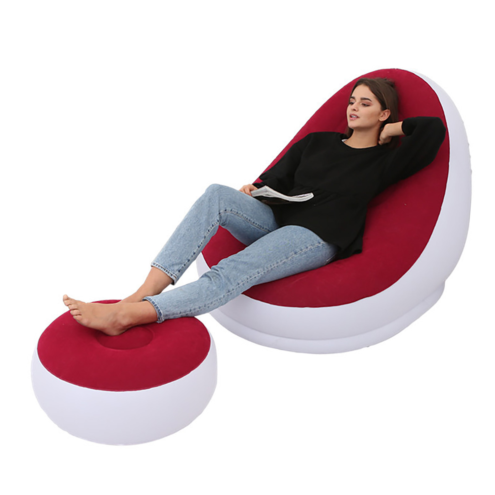 Aufblasbarer Klappstuhl Aus Komfortablem, Beflocktem Pvc Mit Fußstütze, Entspannungsstuhl Für Camping Und Reisen, Rot