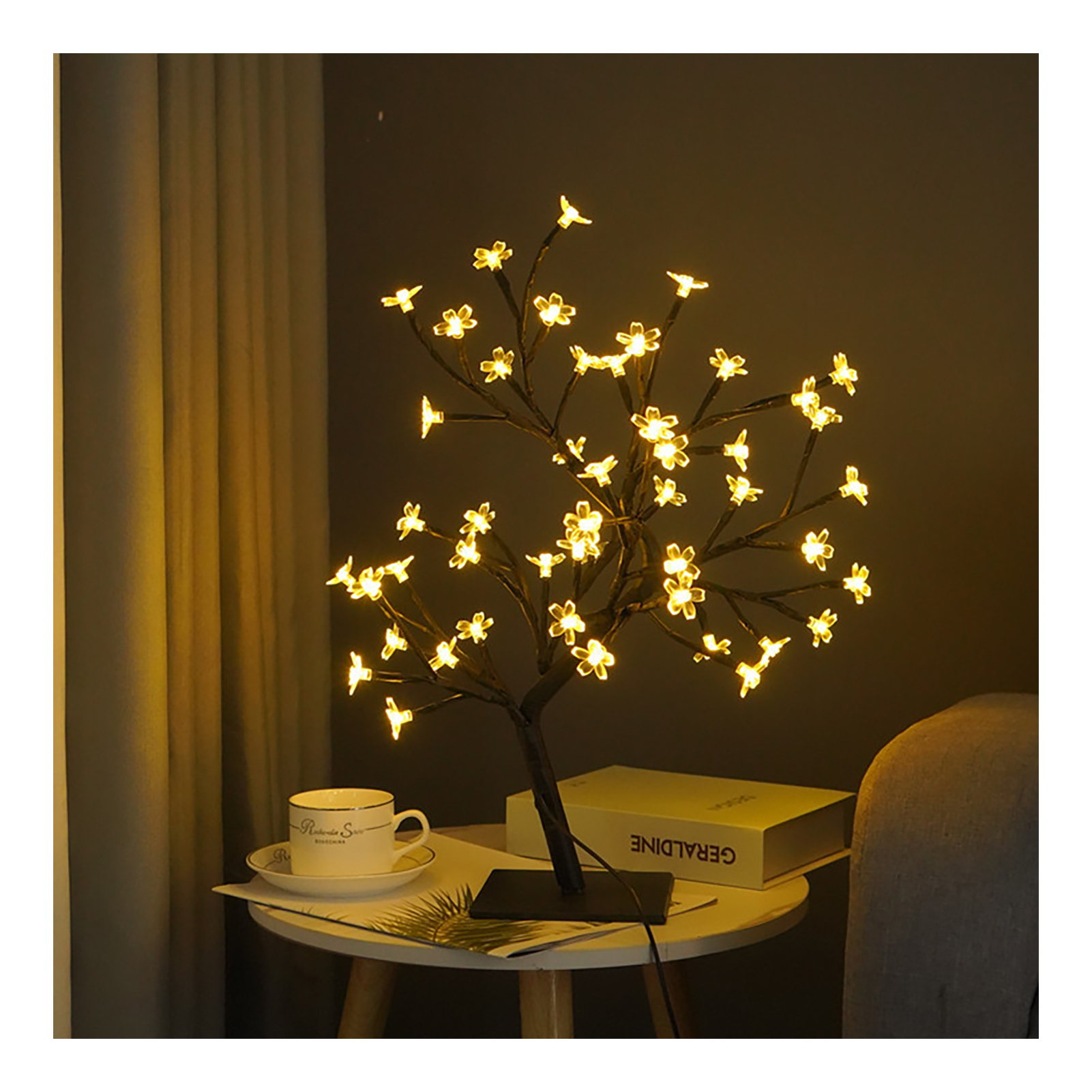 Led-bonsai-tischlampe Mit 48 Leds, Nachtdekoration Für Schlafzimmer Und Weihnachtsbaum, Schwarz, Sakura-stil, Usb