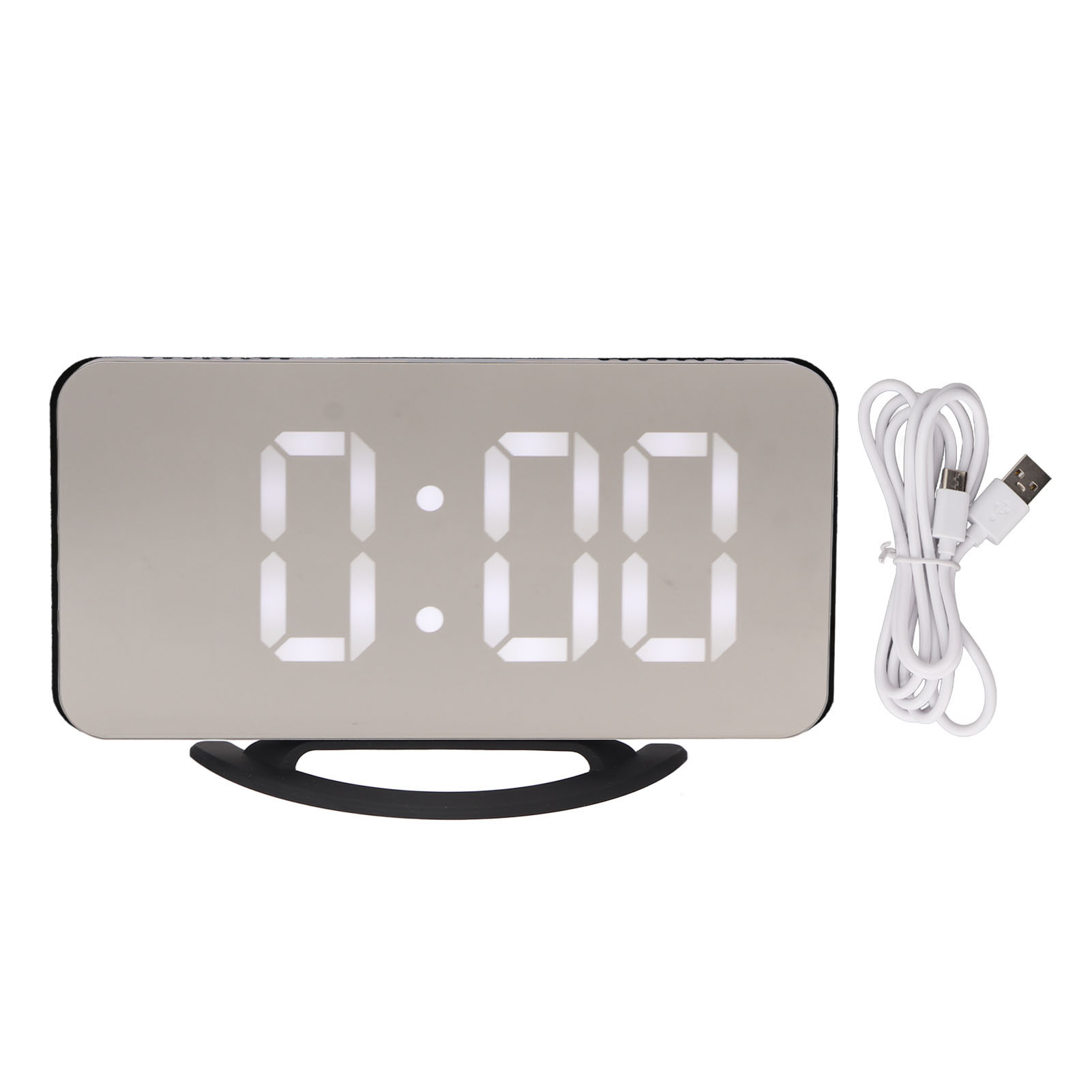 Schwarzer Led-spiegelwecker Mit Weißem Display, Zwei Usb-anschlüssen, Drei Helligkeitsstufen, Lichtsensor, Zeit- Und Temperaturanzeige.