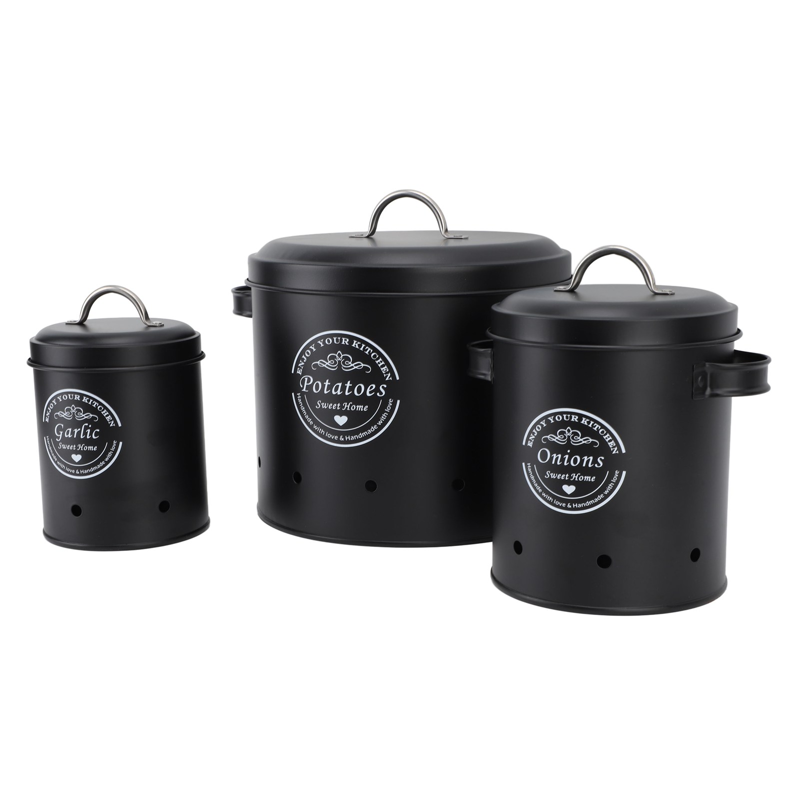 Set Aus 3 Aufbewahrungsboxen Für Kartoffeln Und Zwiebeln, Aus Kohlenstoffstahl, Im Landhausstil, Schwarze Küchenbehälter Für Die Arbeitsfläche.