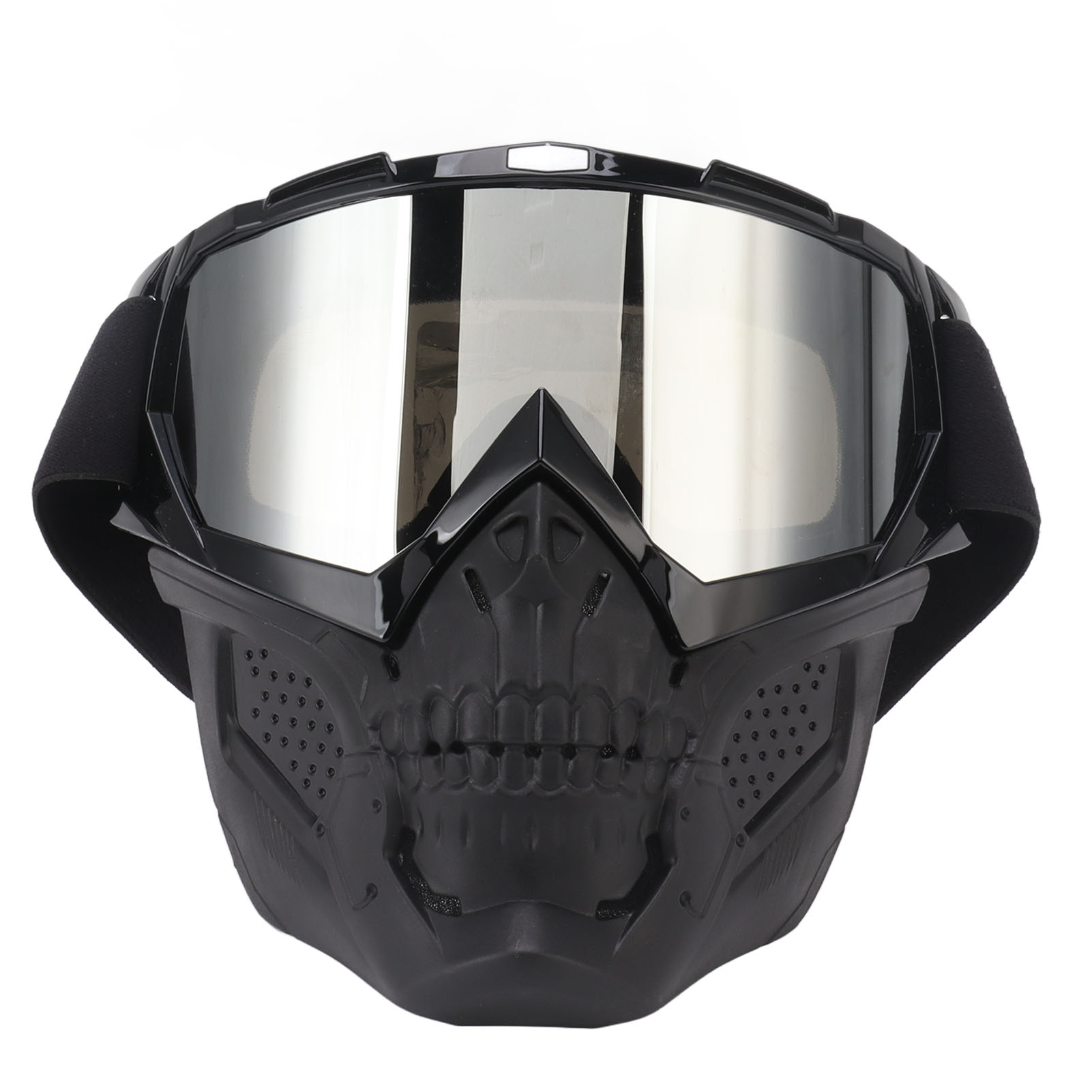 Motorrad-schädelmaske, Polycarbonat-schaumstoff, Abnehmbar, Verstellbar Schutzbrille Für Offroad-wanderungen, Schwarzer Rahmen, Silberne Gläser