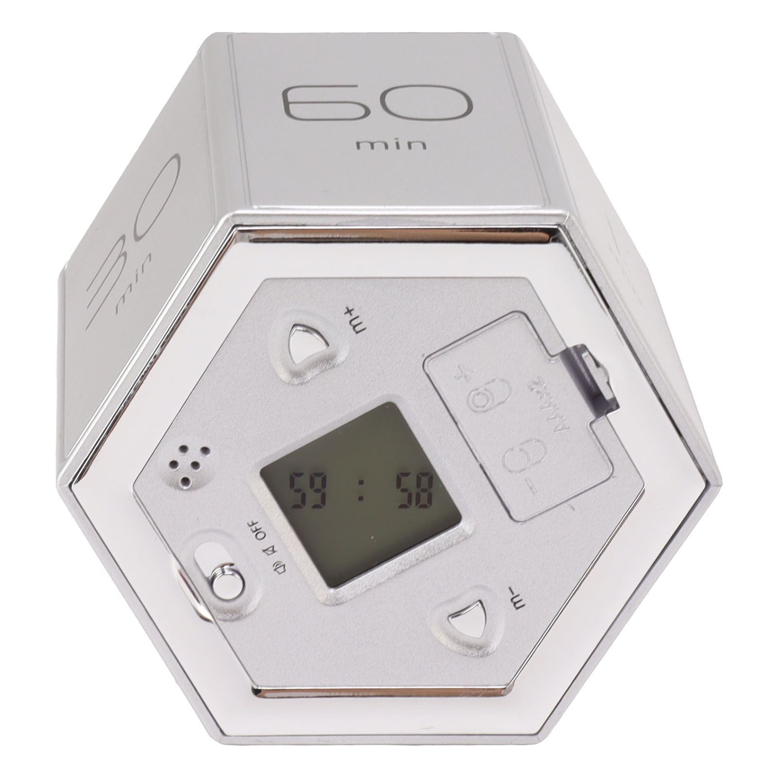 Sechseckige Magnetische Sanduhr Mit Lautlosem Alarm, Würfelförmigem Zeitmanagement-timer, Lcd-display, Silberfarben, Für Küche, Arbeitszimmer, Büro