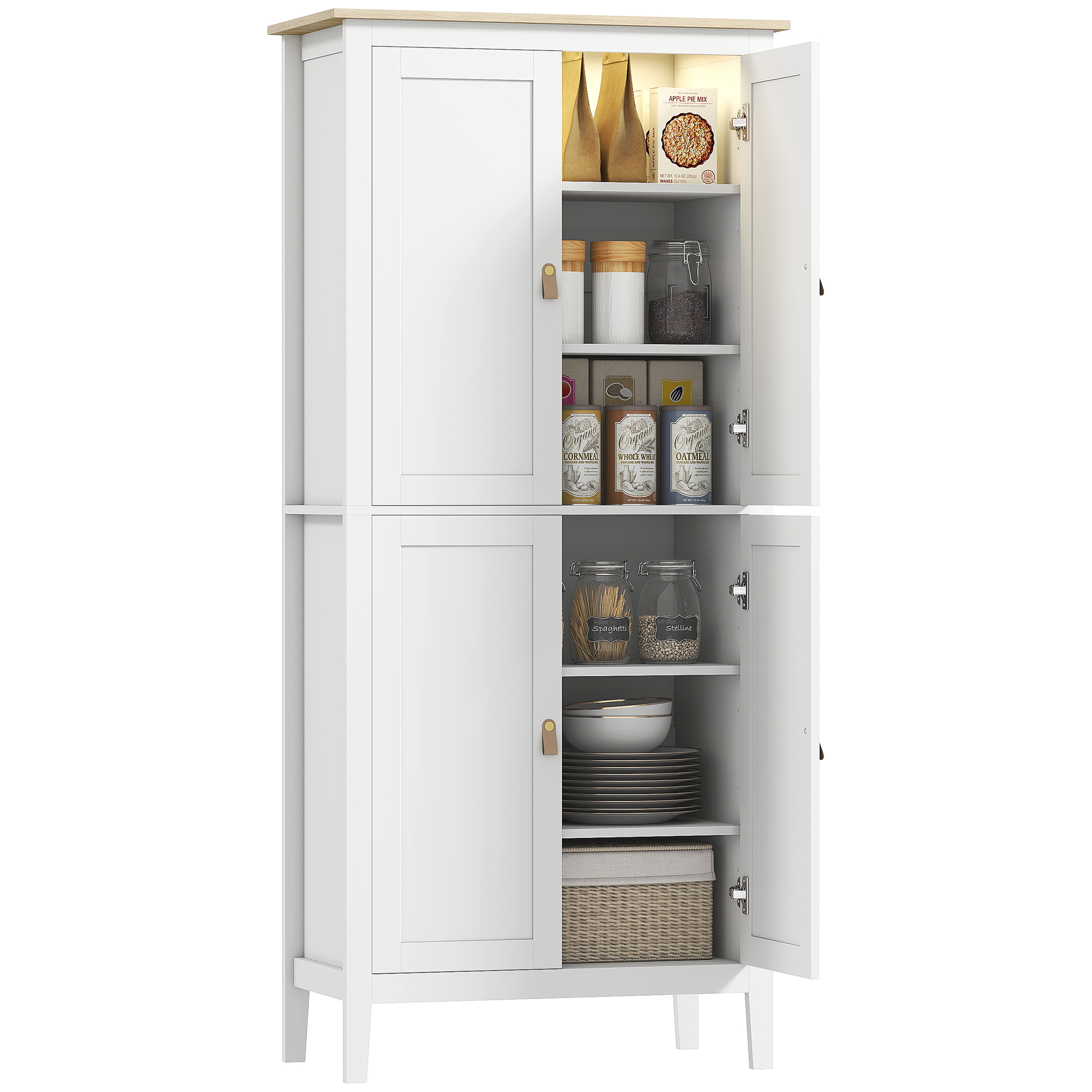 177 Cm Hohes Küchen-sideboard, Küchenschrank Mit Led-beleuchtung, 3-farbiger Dimmfunktion, Verstellbaren Einlegeböden, Weiß