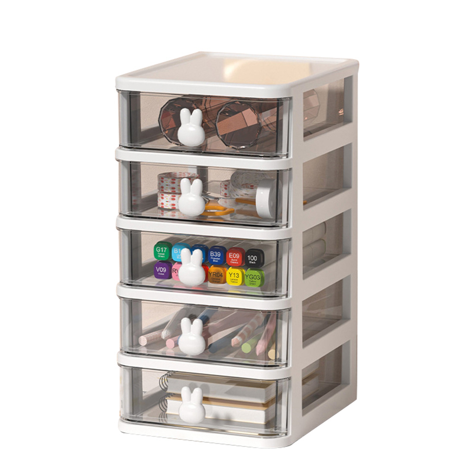 Transparente Aufbewahrungsbox Aus Kunststoff Mit Großem Fassungsvermögen Und 5 Schubladen, Hasengriff, Schubladenorganizer Für Bücher, Stifte Und Bürobedarf, Weiß (13,4 X 17 X 26 Cm)