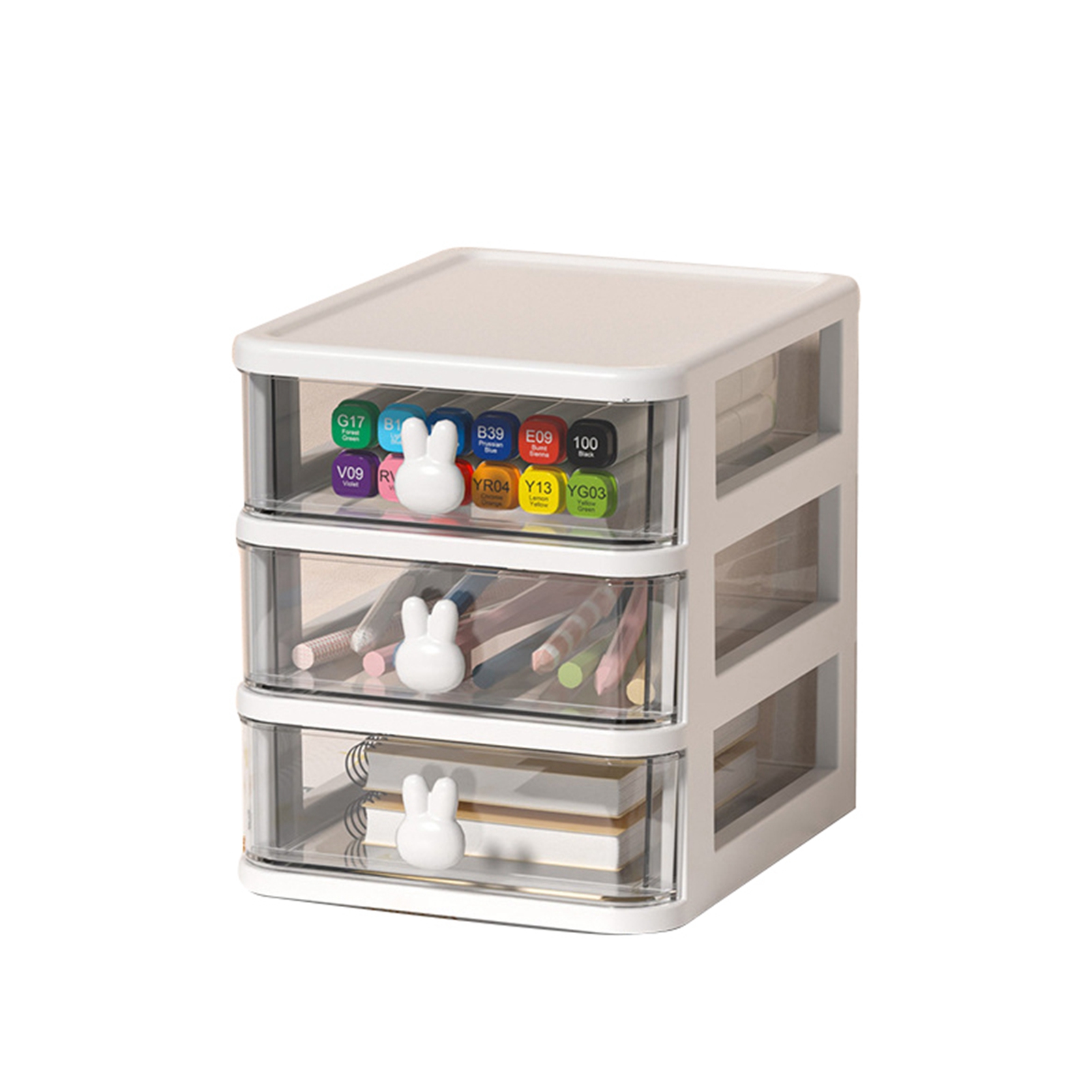 Transparente, Mehrstöckige Aufbewahrungsbox Aus Kunststoff Mit Großem Fassungsvermögen, Hasengriff, Schubladenorganizer Für Bücher, Stifte, Weiß, 3 Ebenen (13,4 X 17 X 16 Cm)