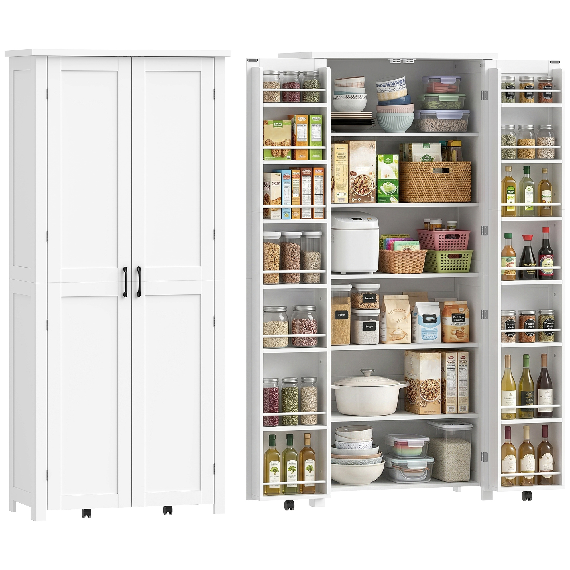 Moderner Küchenrollschrank: 2 Türen, 14 Fächer, Weiß