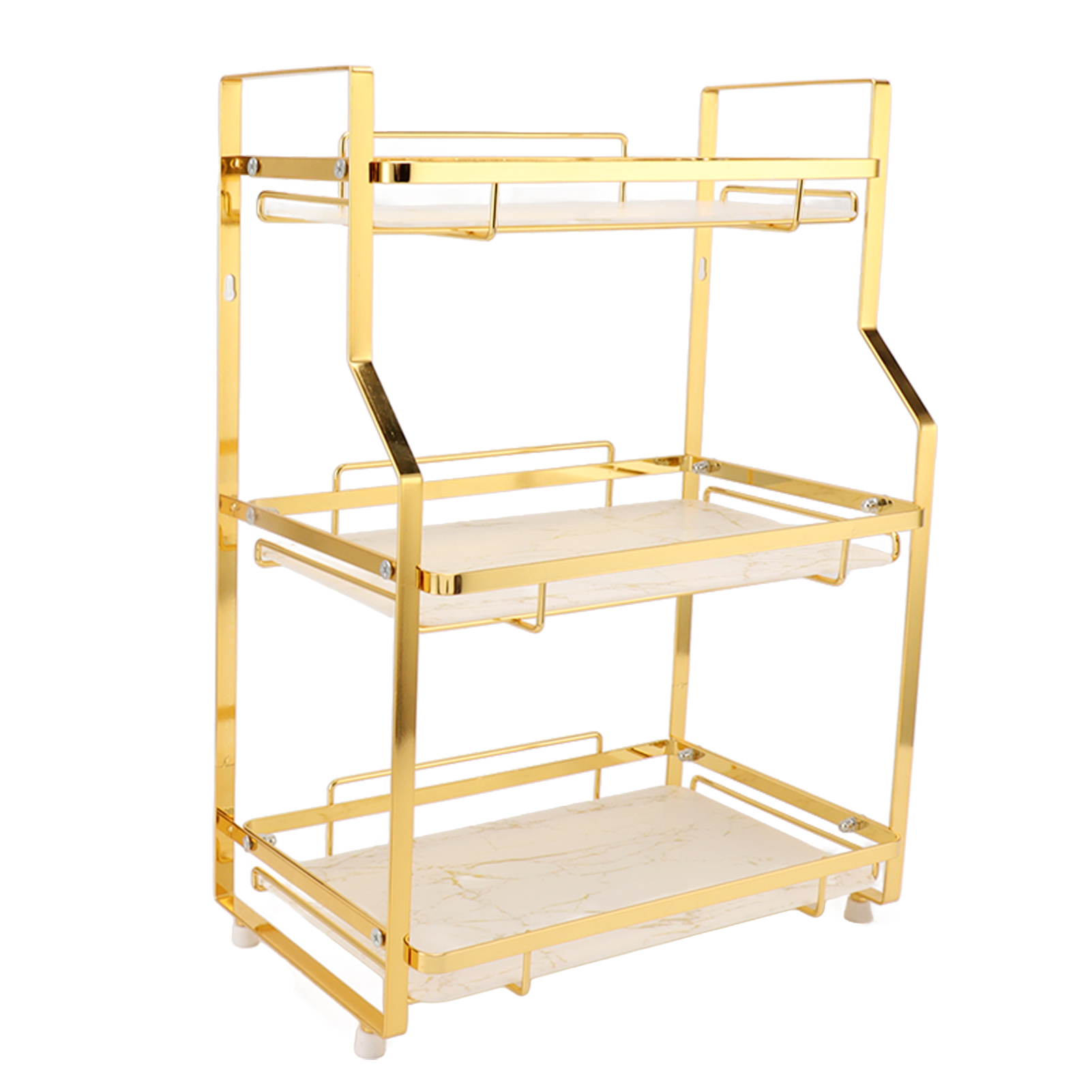 Eckregal Zur Wandmontage Fürs Badezimmer, Freistehendes Aufbewahrungsregal Für Wohnzimmer, Schlafzimmer, Küche, Weiß Und Gold, 3 Ebenen