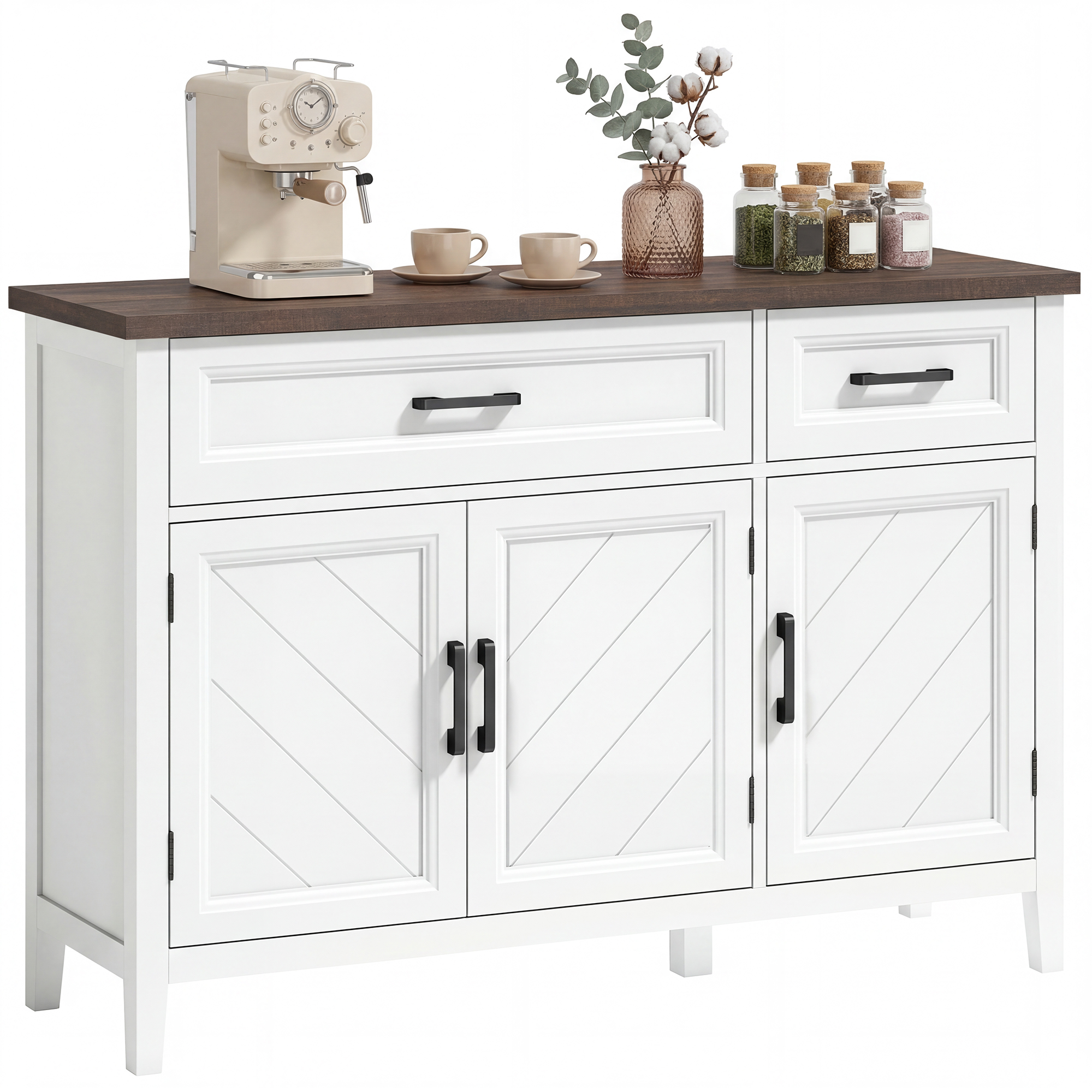 Küchen-sideboard Aus Holz Mit 3 Flügeltüren, 2 Schubladen Und 2 Verstellbaren Einlegeböden, Weiß