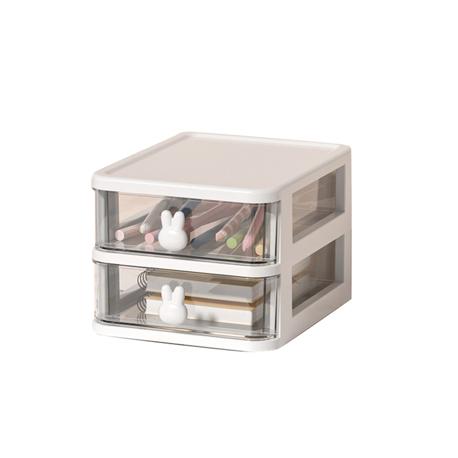 Transparente, Zweistöckige Aufbewahrungsbox Aus Kunststoff Mit Großem Fassungsvermögen Und Hasengriff, Schubladenorganizer Für Bücher, Stifte Und Bürobedarf, Weiß, 13,4 X 17 X 11 Cm