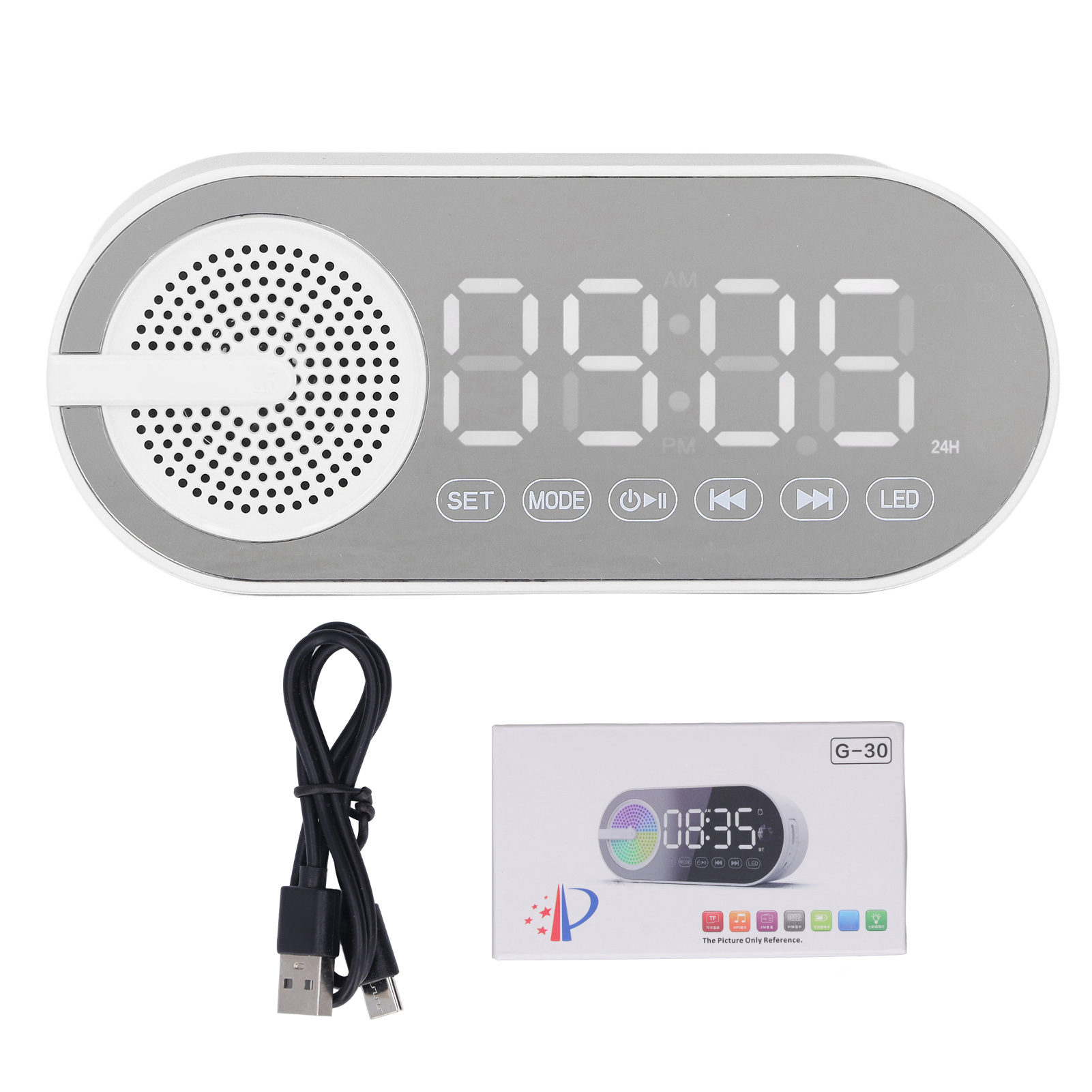 Digitaler Bluetooth-wecker (5.0) Mit Spiegel, Leistungsstarkem Basslautsprecher, Fm-radio, Wiederaufladbar, Farbiger Beleuchtung, Weiß