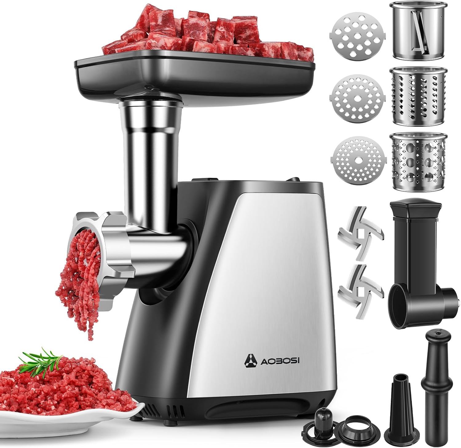 Fleischwolf, 4-in-1 Elektrischer Fleischwolf [2800 W Max] Mit 3 Scheiben, Schneidklingen, 2 Klingen, 3 Platten, Wurstfüller, Kubbe-kit, Für Den Hausgebrauch, Edelstahl