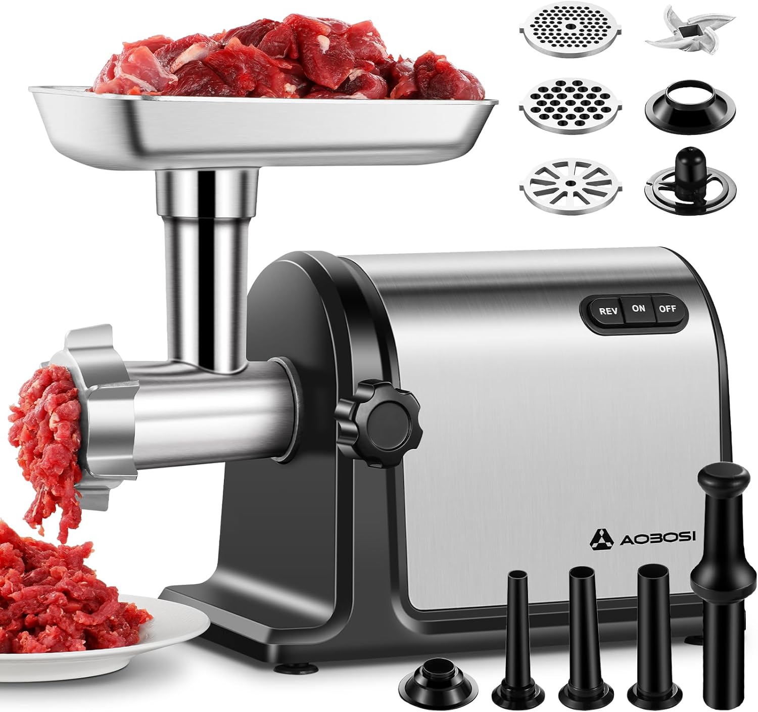 Aobosi 3-in-1 Fleischwolf Elektrisch Mit 3 Edelstahl-schleifplatten,1 Kubbe & 3 Wurstfüllrohren, [3000w Max Size 10 ] Für Fleisch, Fleischwurst. Fleischwolf Edelstahl Mit Klingen.