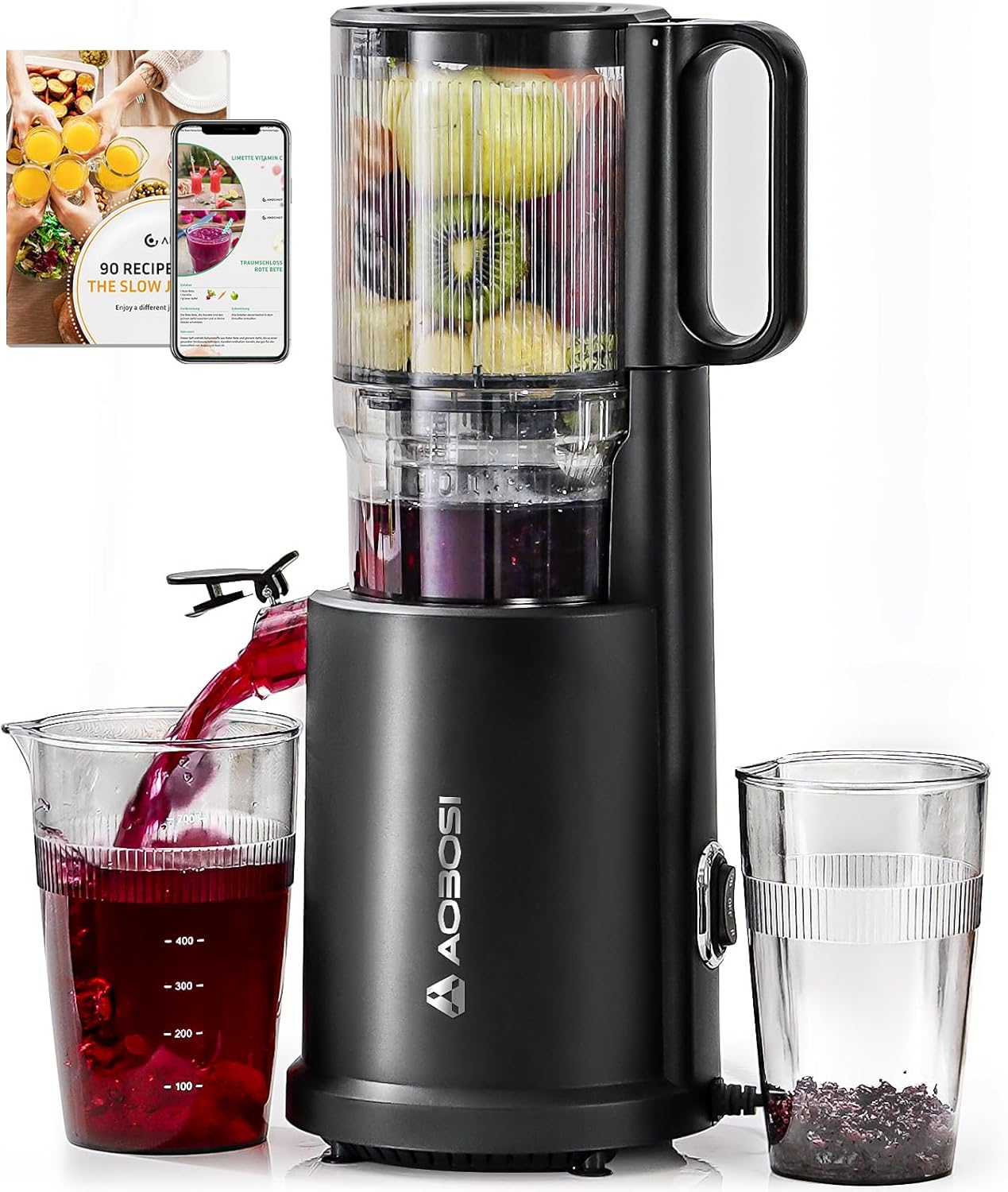 Aobosi Slow Juicer Mit 135 Mm Großer Einfüllöffnung, 200 W Kaltpress Entsafter Mit Rückwärtslauf & Dreifachfilter, Bpa-frei & Leise, Ideal Für Frischen Saft Aus Obst Und Gemüse