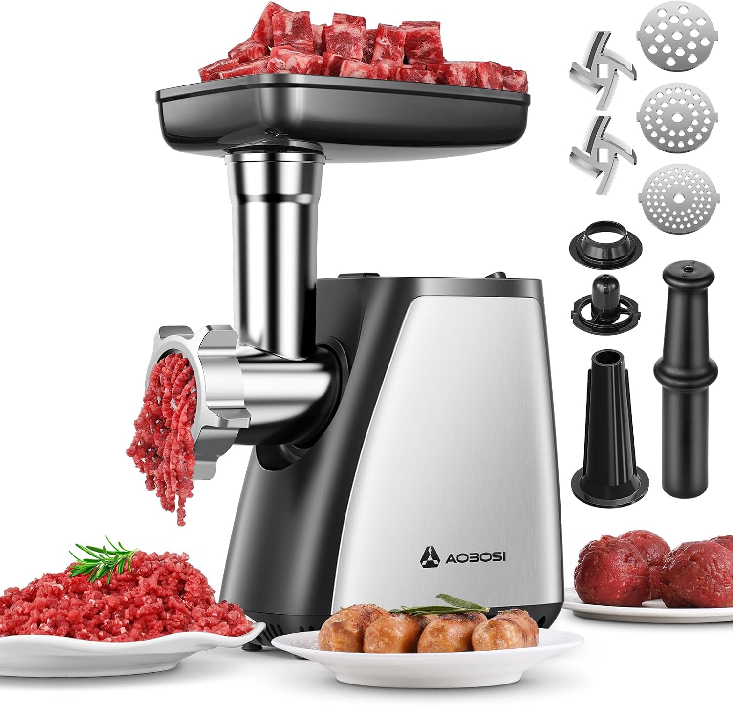 Fleischwolf, 3-in-1 Elektrischer Fleischwolf [2800 W Max] Mit 2 Klingen, 3 Platten, Wurstfüller, Kubbe-kit, Für Den Hausgebrauch, Edelstahl