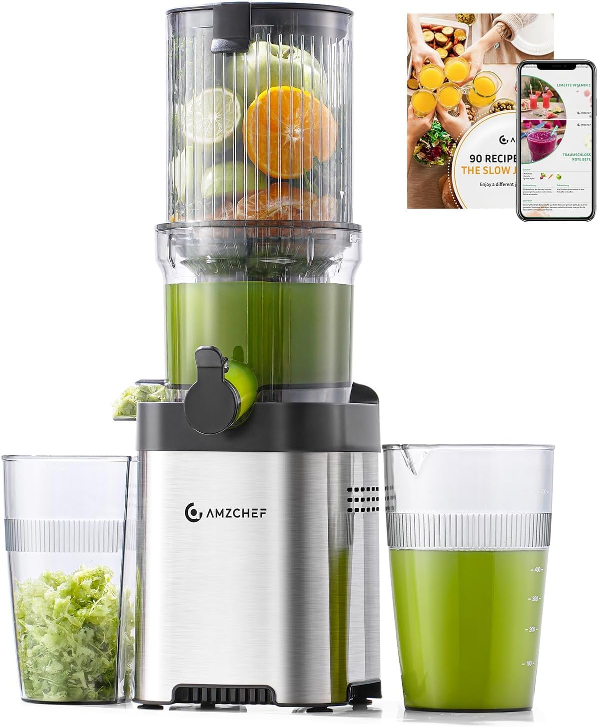 Entsafter - Slow Juicer Mit 120mm Breite Und Größere Einfüllschacht Für Ganze Gemüse Und Obst - Leicht Zu Reinigender Entsafter Mit 2 Gläsern - Silbrig