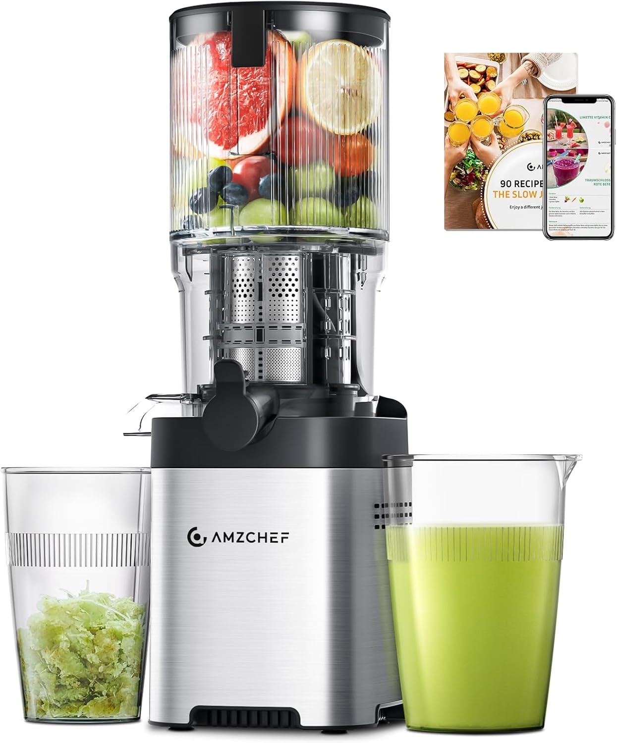 Entsafter Slow Juicer 136 mm – Saftpresse Elektrisch Für Gemüse & Obst – Cold Press Juicer Mit 2 Filtern – Leise & Leicht Zu Reinigen - Silber