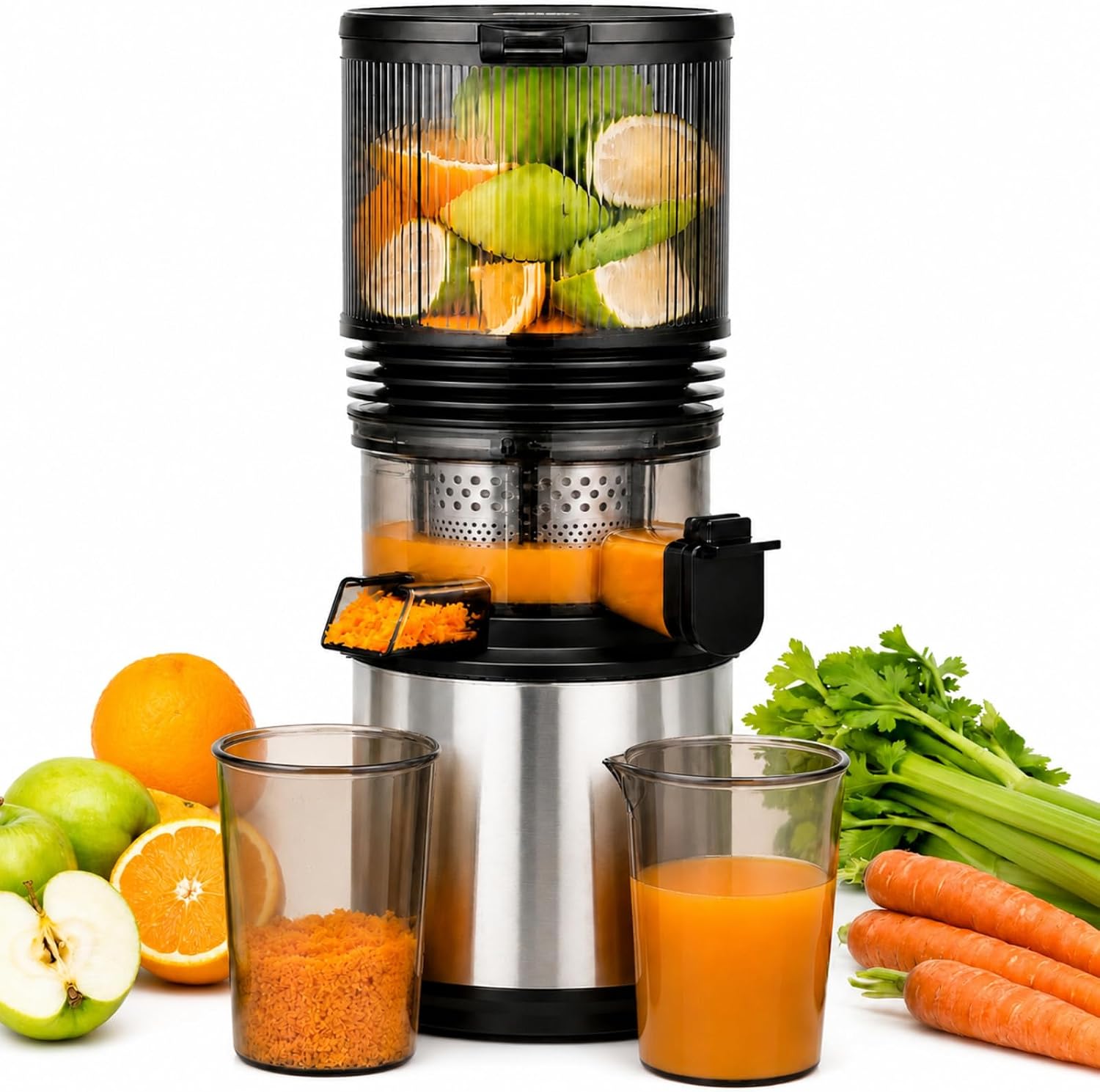 Entsafter - Slow Juicer Mit 158 Mm Großem Einfüllschacht Für Ganze Gemüse Und Obst, Leicht Zu Reinigen, Kaltpress-entsafter Mit Saft- Und Tresterbecher, Hohe Saftausbeute, Leise