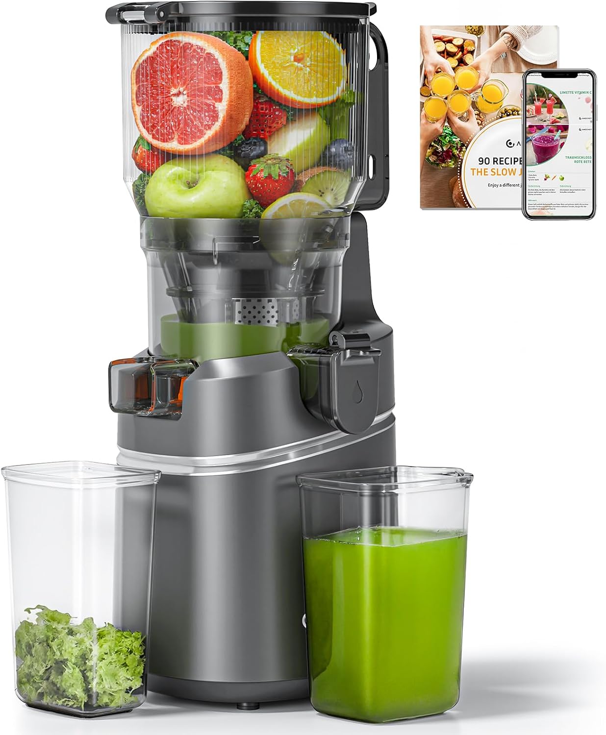 All-in-one Entsafter Slow Juicer 150mm Öffnung Und 2l Kaltpress Entsafter Für Gemüse Und Obst Testsieger, 250w Automatischer Slow Juicer Mit Dreifachem Filter - Grau