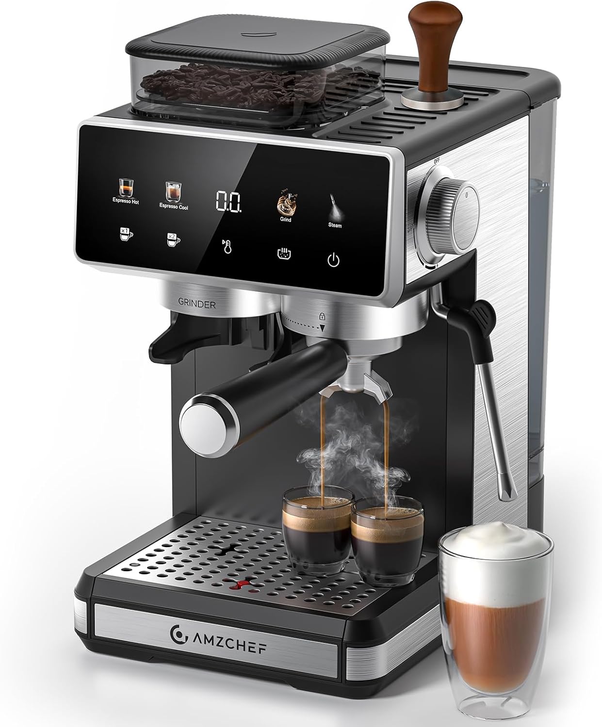 Siebträgermaschine Mit Mahlwerk, 20 Bar Espressomaschine Für Zuhause Mit Milchaufschäumer, 3 Temperaturstufen, 20 Mahlgrade, Kalt & Heißbrühung, Touchscreen Display