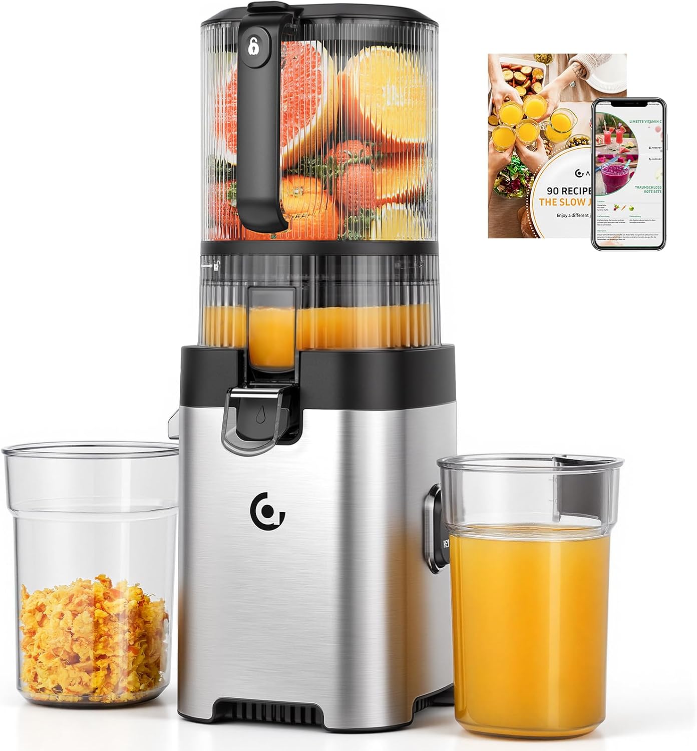 Entsafter - Slow Juicer Mit 158mm Große Und Größere Einfüllschacht Für Ganze Obst Und Gemüse - 2 Siebfilter Für Frische Säfte, Nussdrinks & Sorbet, Spülmaschinengeeignete- Silber/schwarz