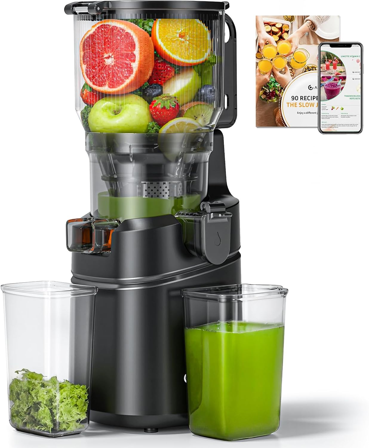 All-in-one Entsafter 150mm Öffnung Und 2l Kaltpress Entsafter Für Gemüse Und Obst Testsieger, 250w Automatischer Slow Juicer Mit Dreifachem Filter - Schwarz