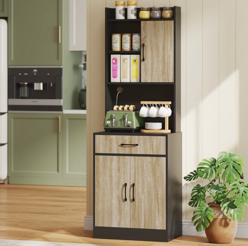 Küchenschrank 60 X 40 X 180 Cm In Naturholzoptik Und Schwarz Mit Offenem Fach, Schublade Und Arbeitsfläche