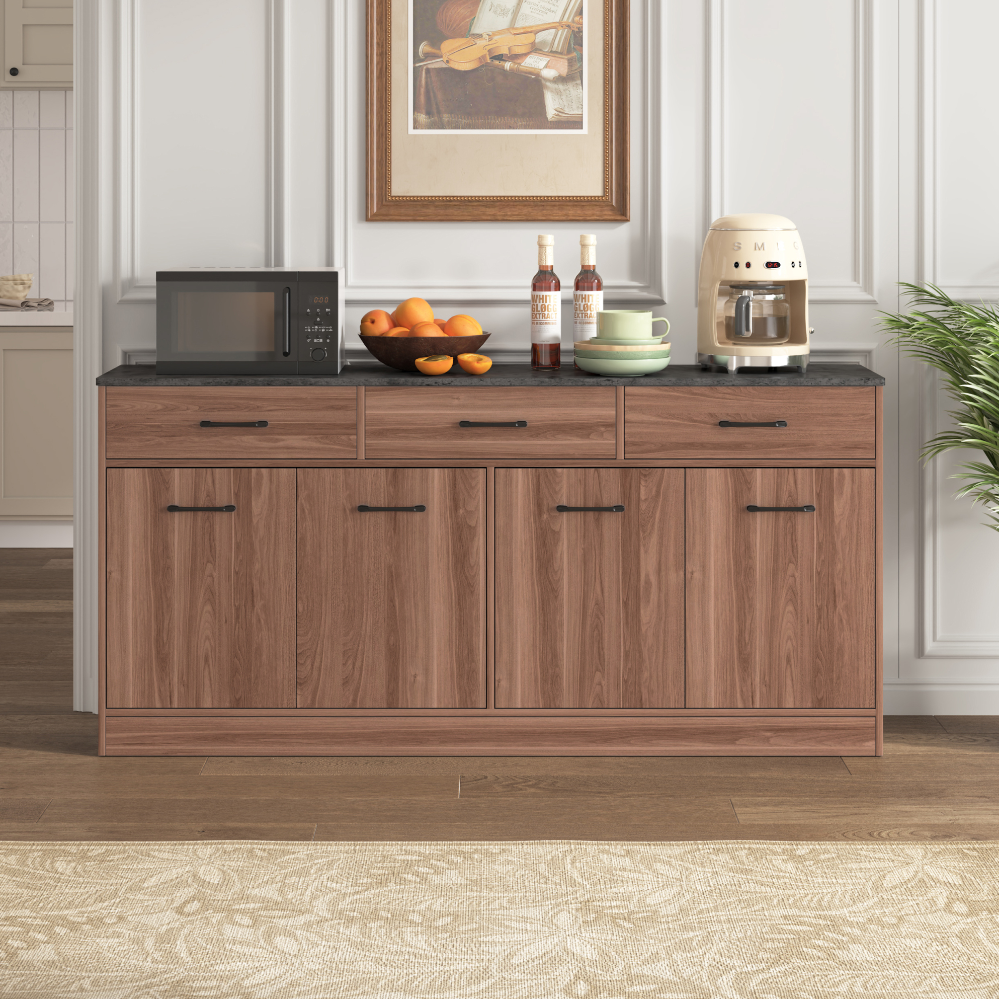 Sideboard 160/37/76,5 Cm In Walnuss-optik Mit 3 Schubladen, Betonoptik Und Verstellbaren Böden