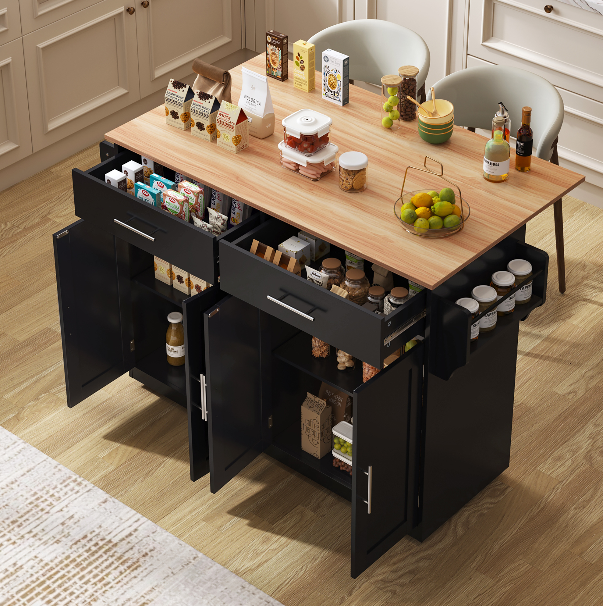 Sideboard 120/46/91,5 Cm In Schwarz Und Natur Mit Klapptischplatte, Schubladen Und Rollen