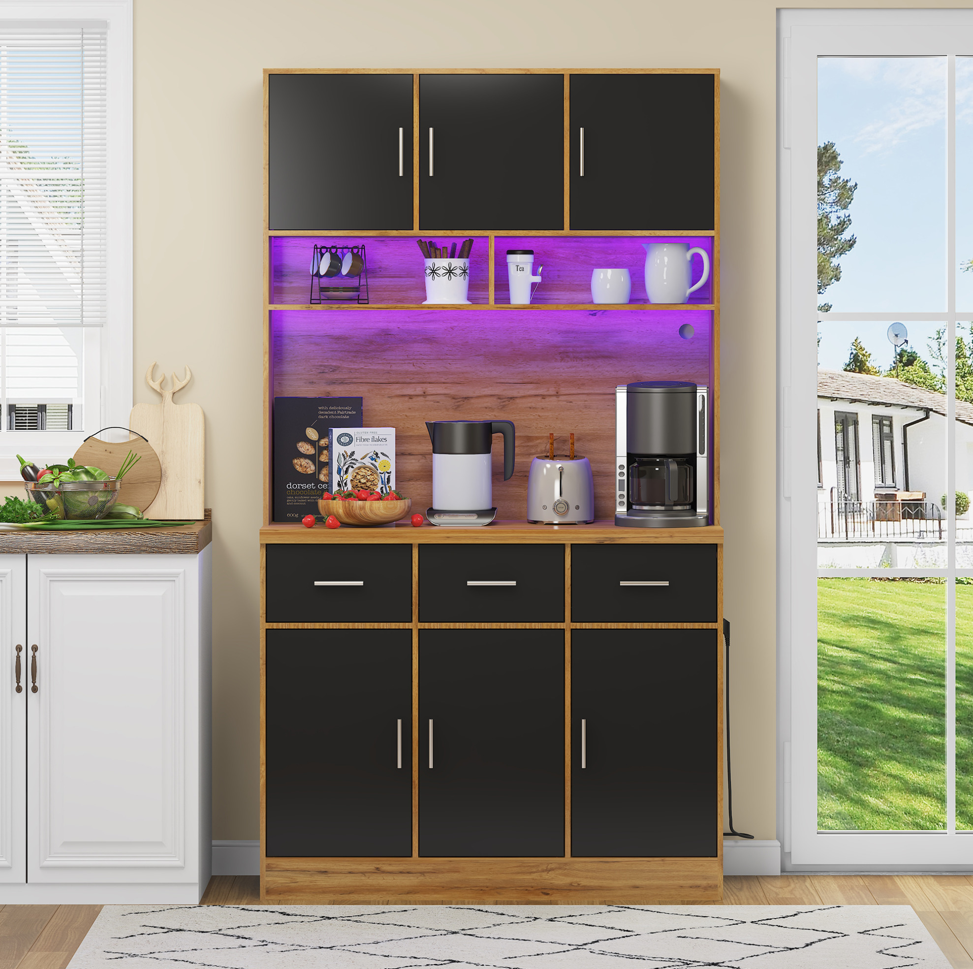 Buffet 100/40/180 Cm In Natur Und Schwarz Mit Led, Usb-anschlüssen Und Viel Stauraum