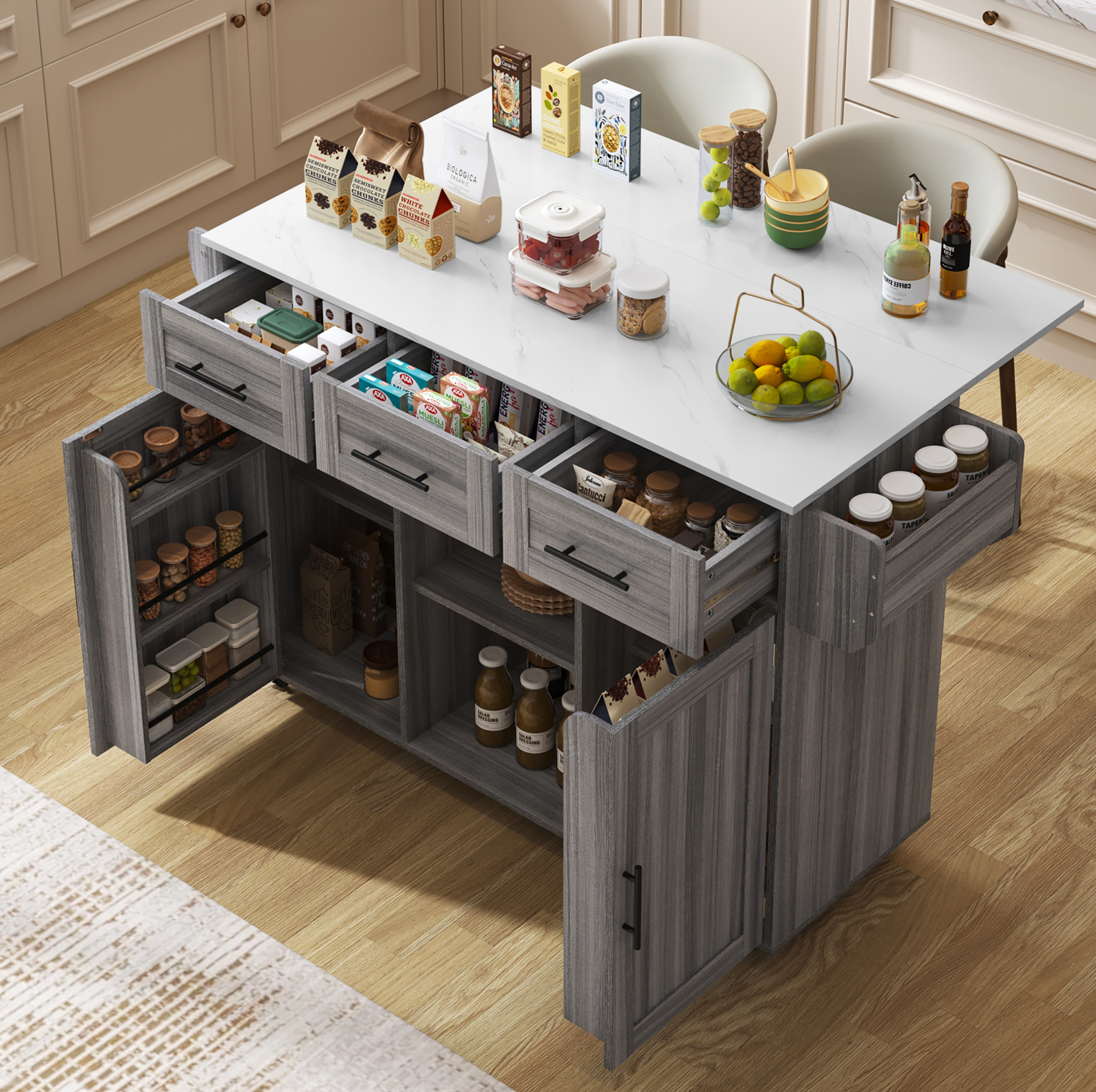 Sideboard 139/46(71)/91,5 Cm Grau Mit Klapptisch, 3 Schubladen Und Viel Stauraum