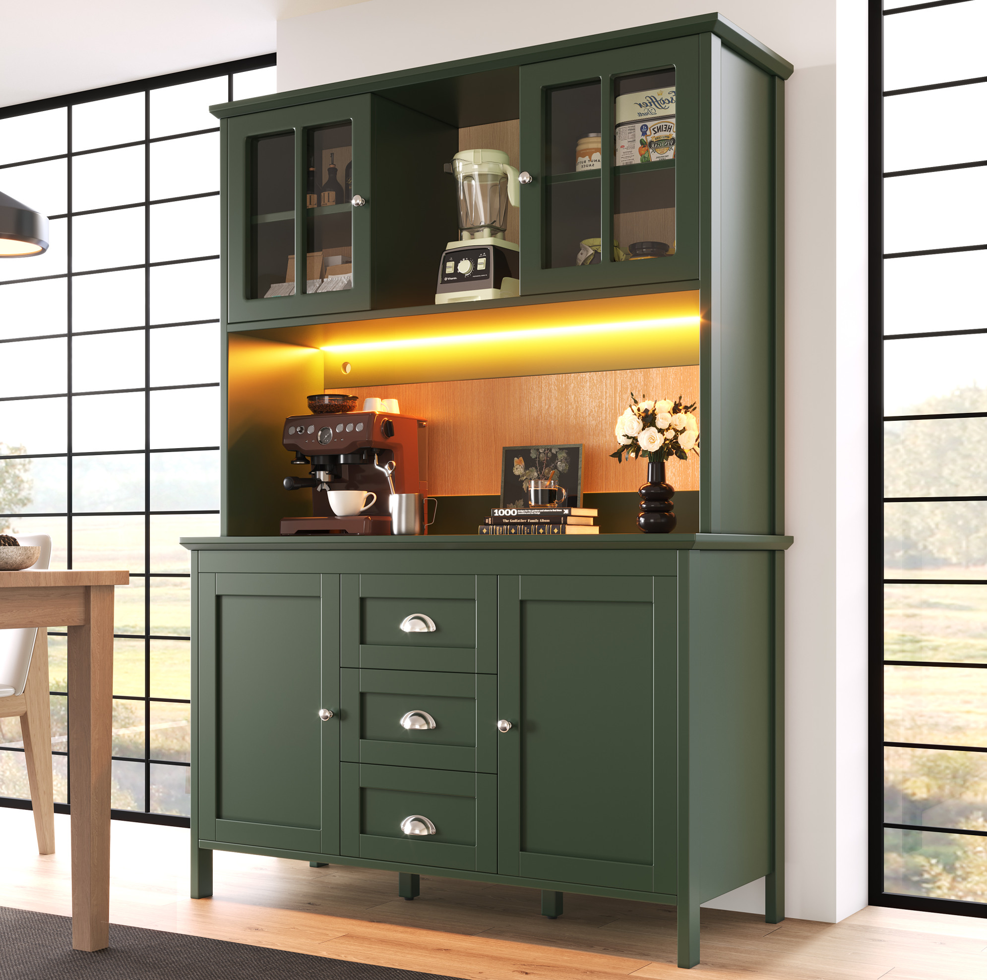 Küchenschrank 120/40/179 Cm Grün Mit Led, Glastüren Und Viel Stauraum