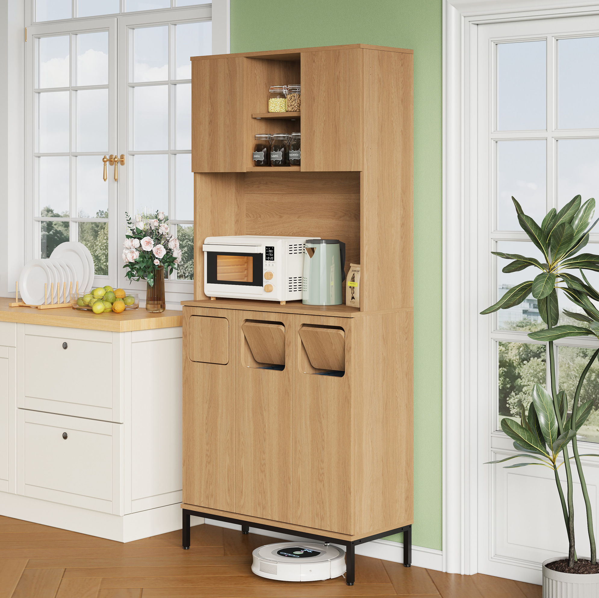 Küchenschrank 80/35/181 Cm In Naturholz-optik Mit 3 Müllfächern Und Mikrowellenablage