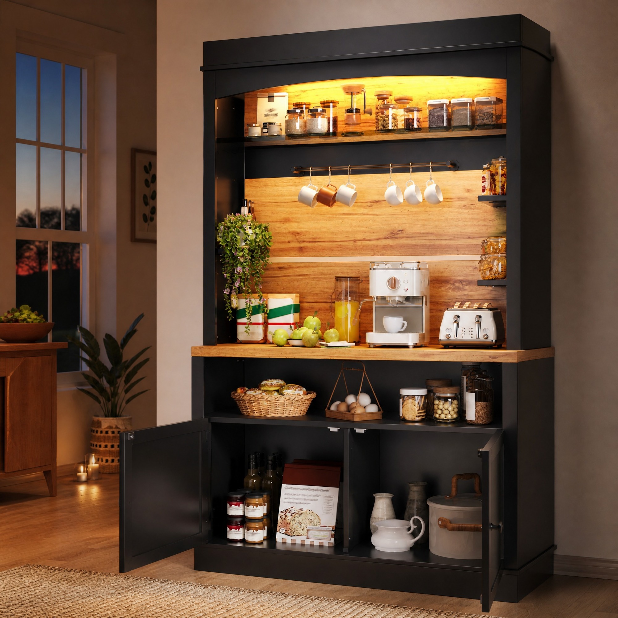 Küchenschrank 107x43x184 Cm In Schwarz Mit Led, Offenem Regal Und Kippschutz
