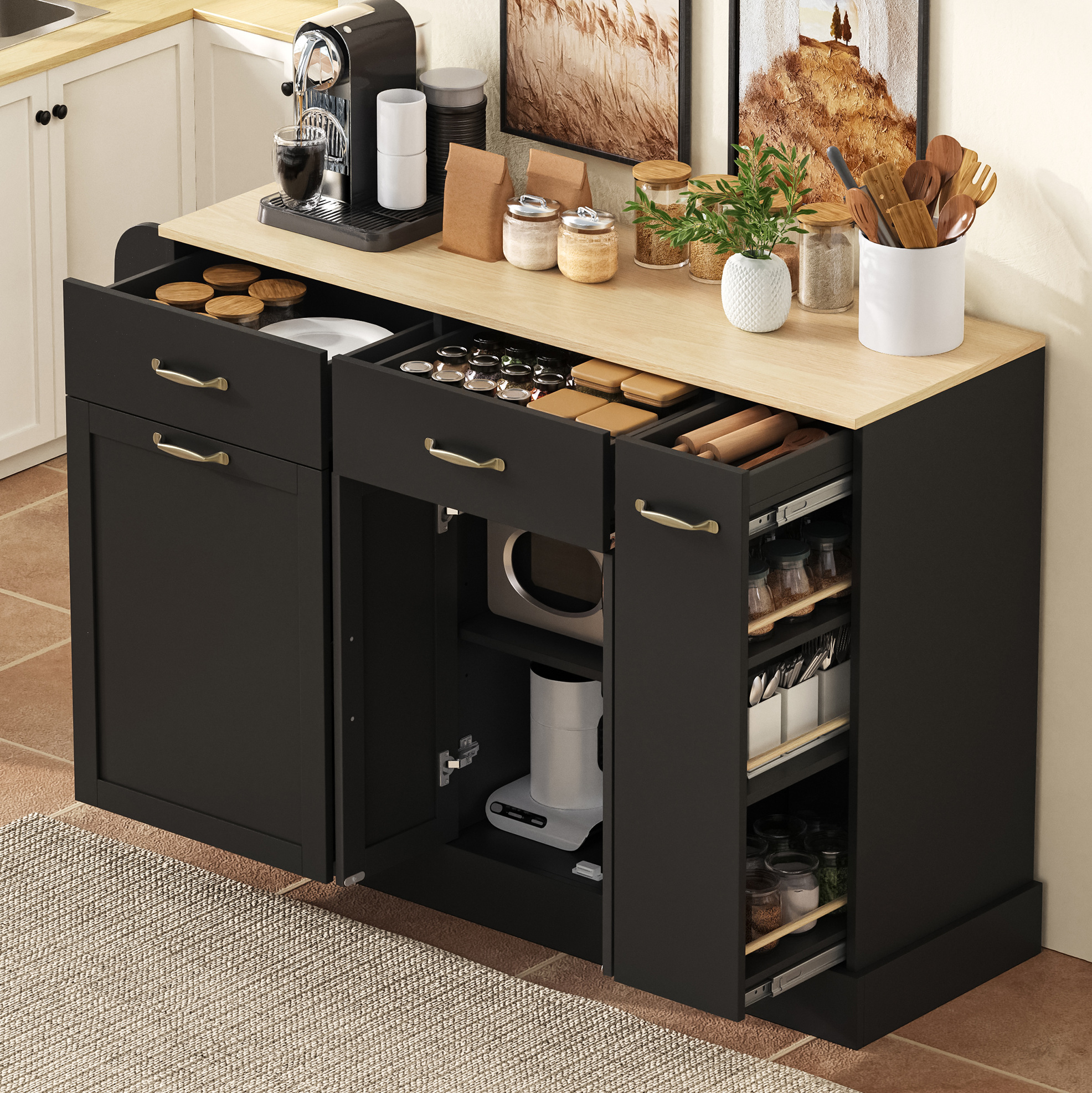 Sideboard 133,5/40/86 Cm In Schwarz Mit Offenen Fächern Und Mülltonnenfach