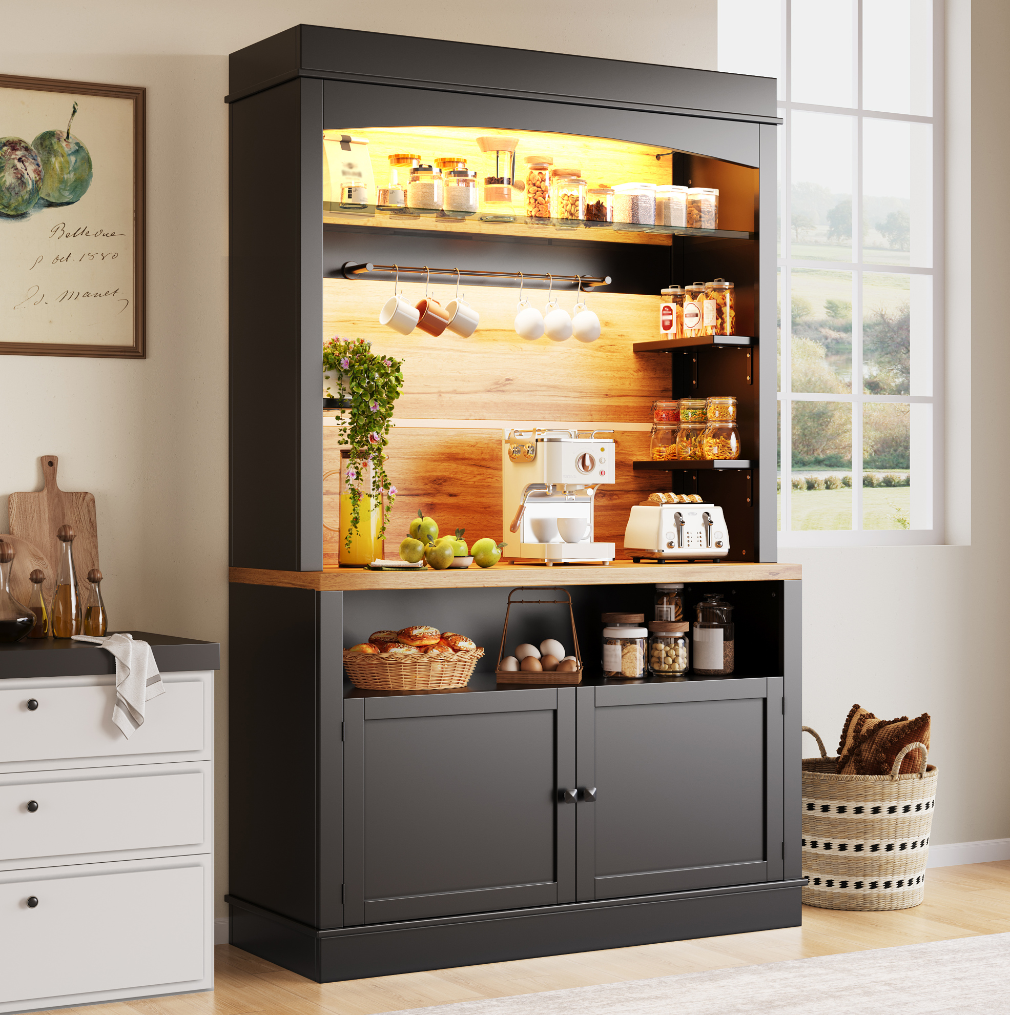 Küchenschrank 107x43x184 Cm In Schwarz Mit Led, Offenem Regal Und Stauraum