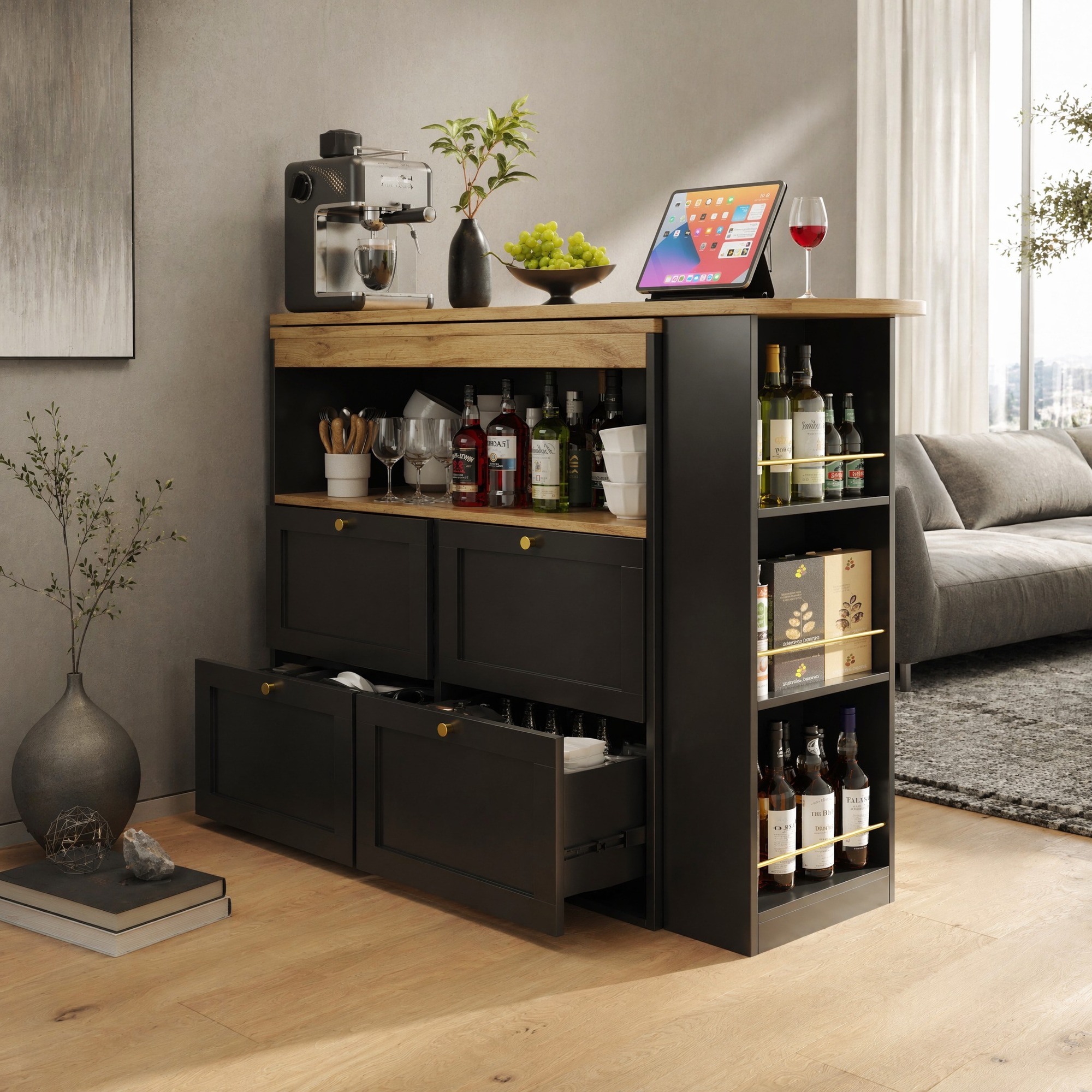 Schrank 105/39/102 Cm In Schwarz Mit 4 Schubladen Und 360° Drehbarem Seitenregal