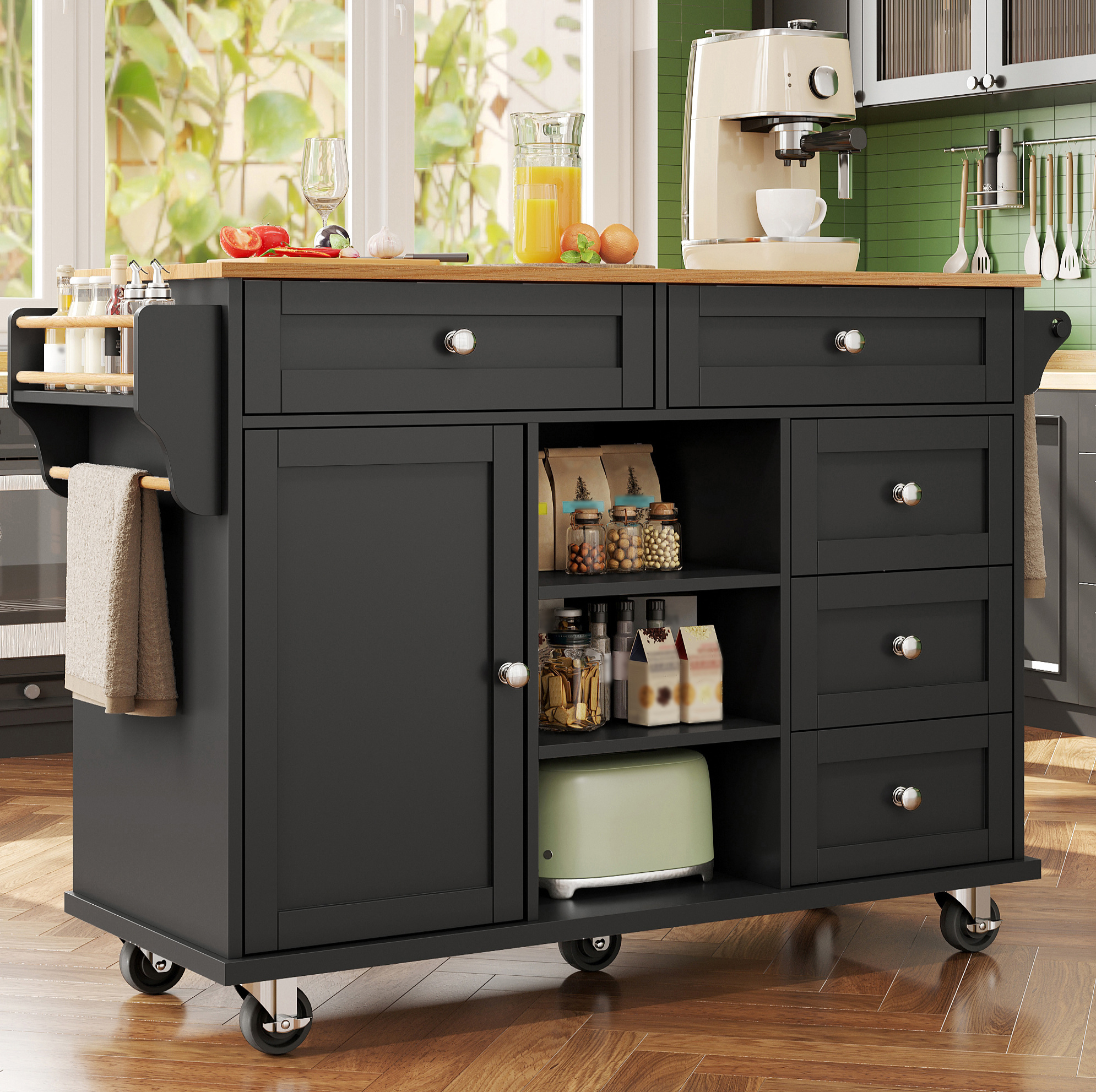 Servierwagen 134 X 46 X 92 Cm In Schwarz Mit Schubladen, Seitenregalen Und Mobiler Oder Fester Nutzung