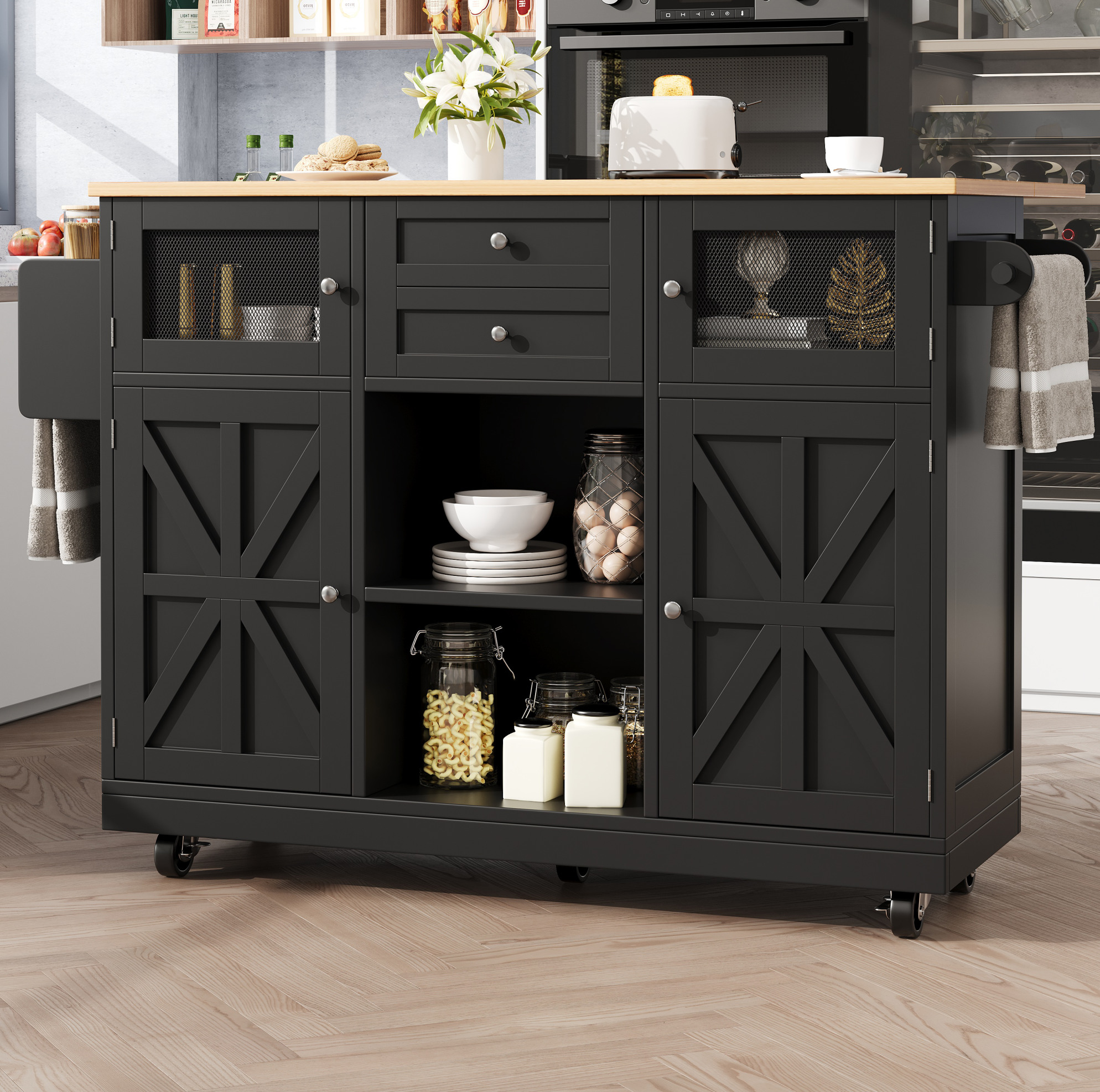 Küchenwagen 140/70/93,5 Cm Schwarz Mit Klappbarer Arbeitsfläche Und 2 Schubladen