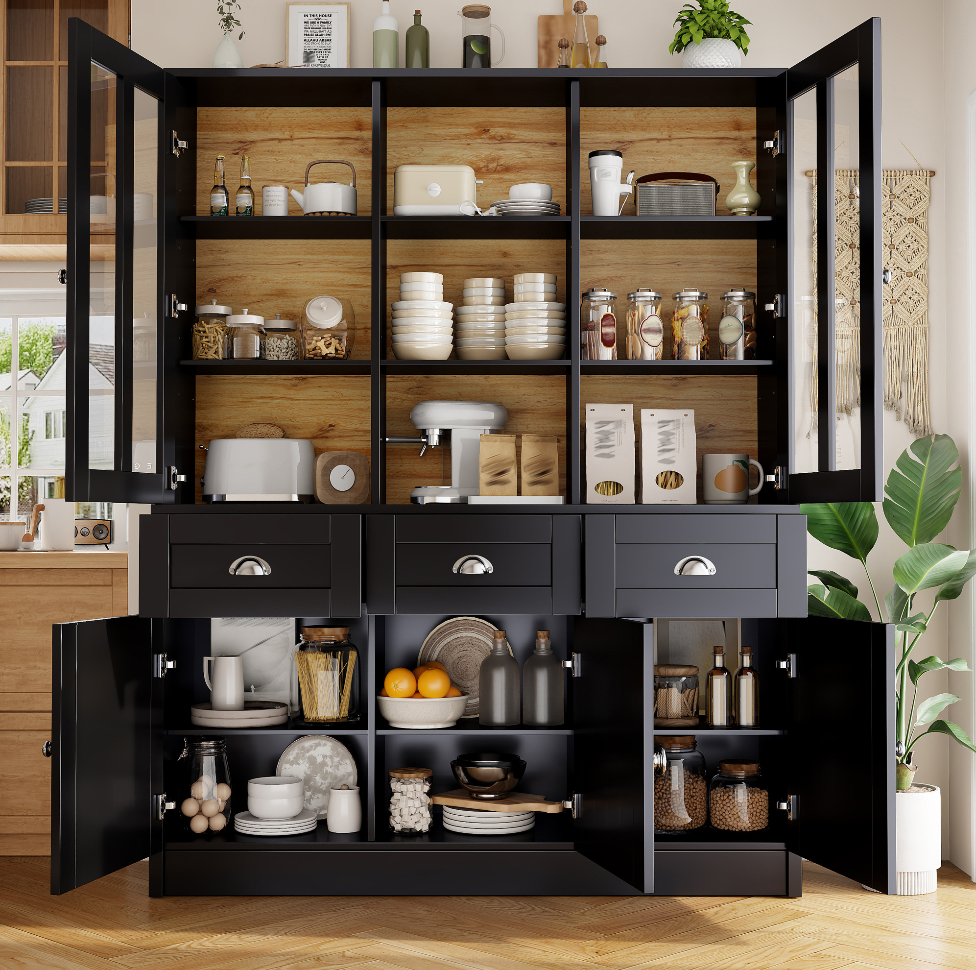Hochschrank 140/38,5/175 Cm Schwarz Mit Acryl-türen Und Kippschutz