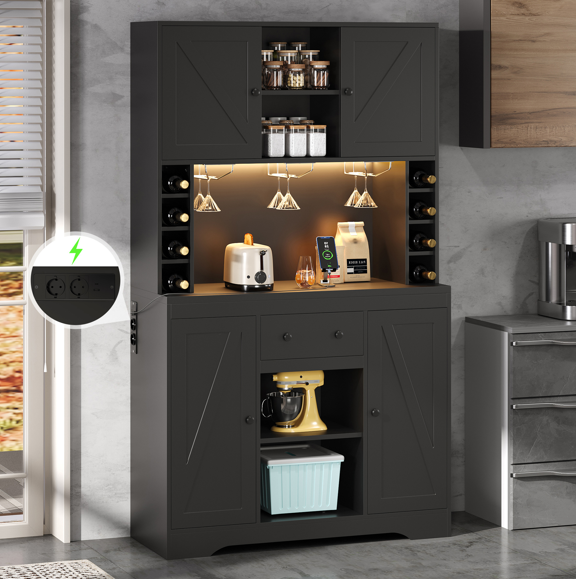 Küchenschrank 180/105/40 Cm In Schwarz Mit Led, Steckdosen Und Weinglashalter
