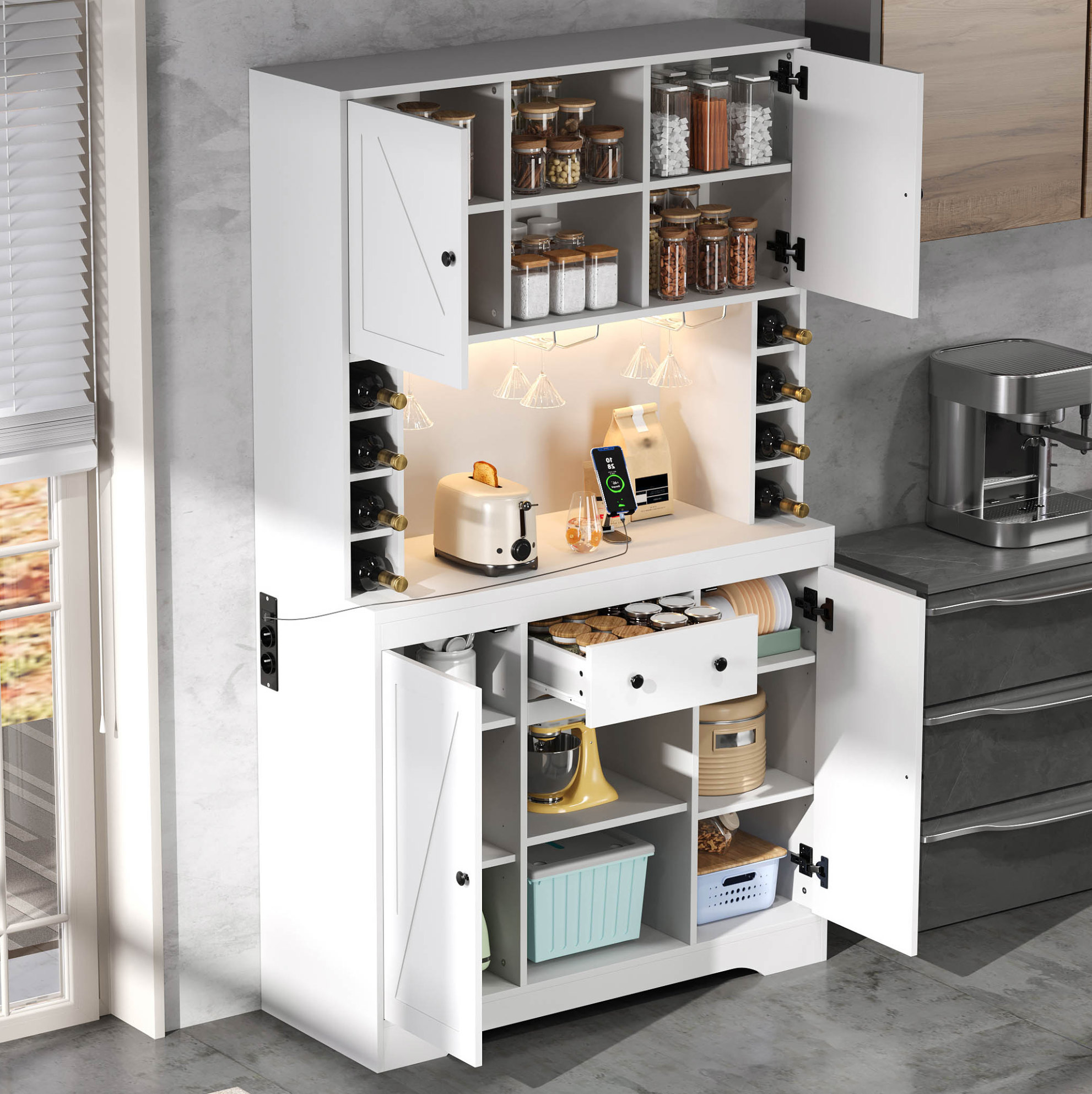 Küchenschrank 105/40/180 Cm In Weiß Mit Led-beleuchtung, Steckdosen Und Viel Stauraum