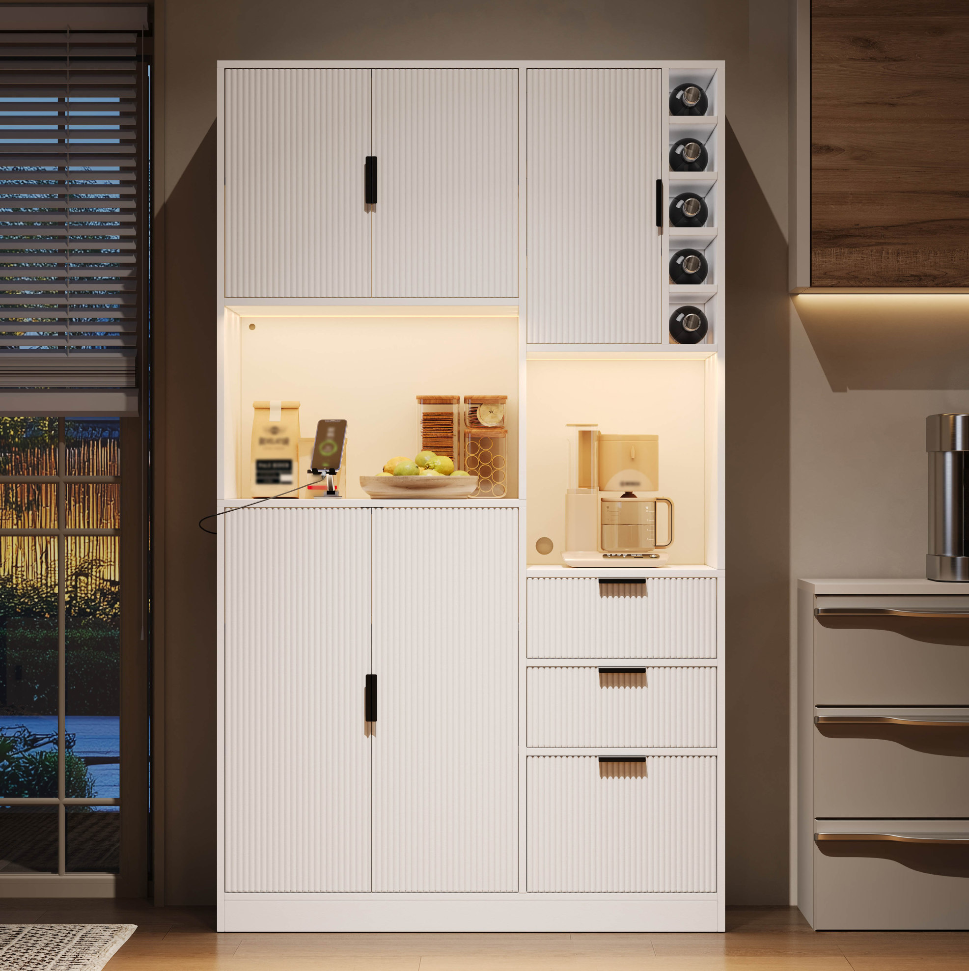 Küchenschrank 105/40/180 Cm In Weiß Mit Led, Steckdosen Und Weinregal