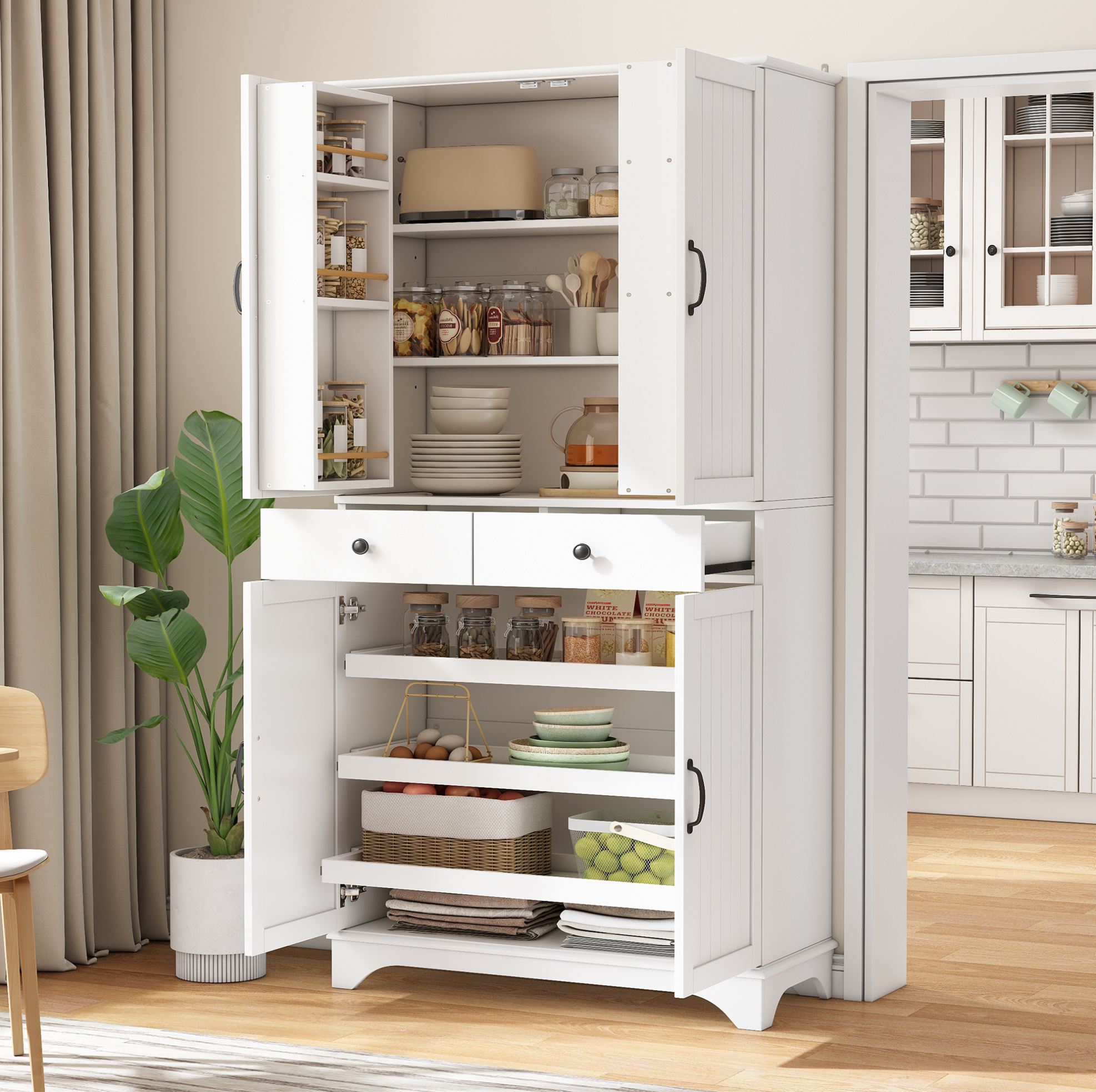 Hochschrank 77/40/181 Cm Weiß Aus Mdf Mit Verstellbaren Regalböden Und Schubladen, Praktisch Und Vielseitig